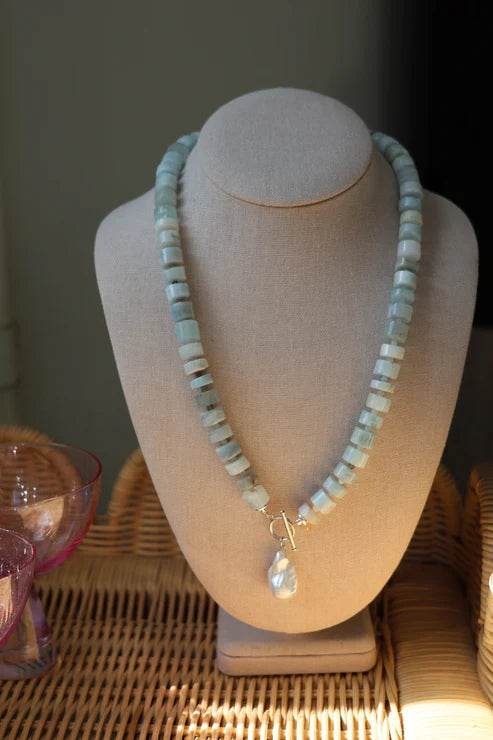 Gemstone Pearl Charm Necklace - Aquamarine-Wear Loulu X Happy on Main-Happy on Main