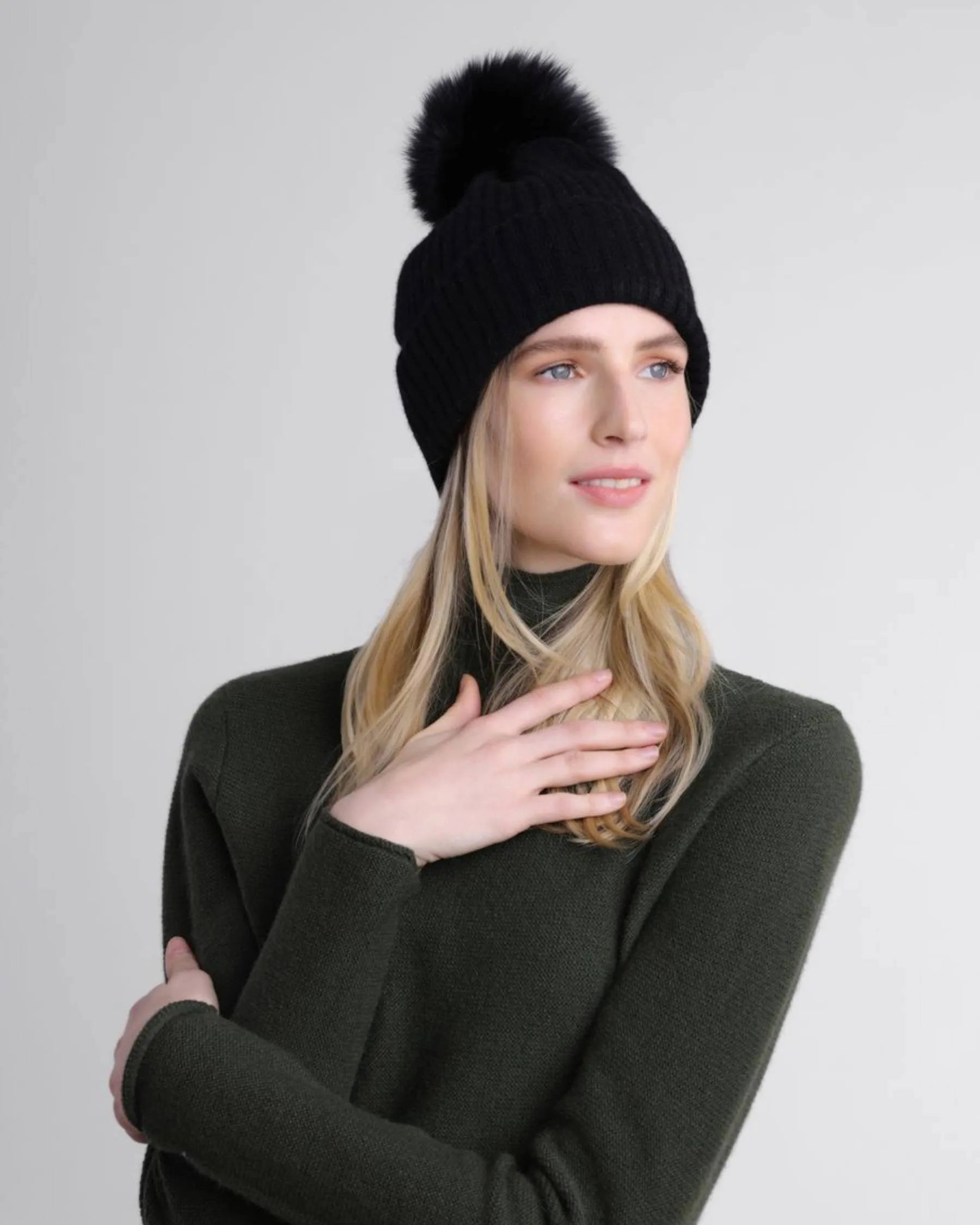 Cashmere LUXE Ribbed Fox Pompom Hat-Misc Accessories-Happy on Main