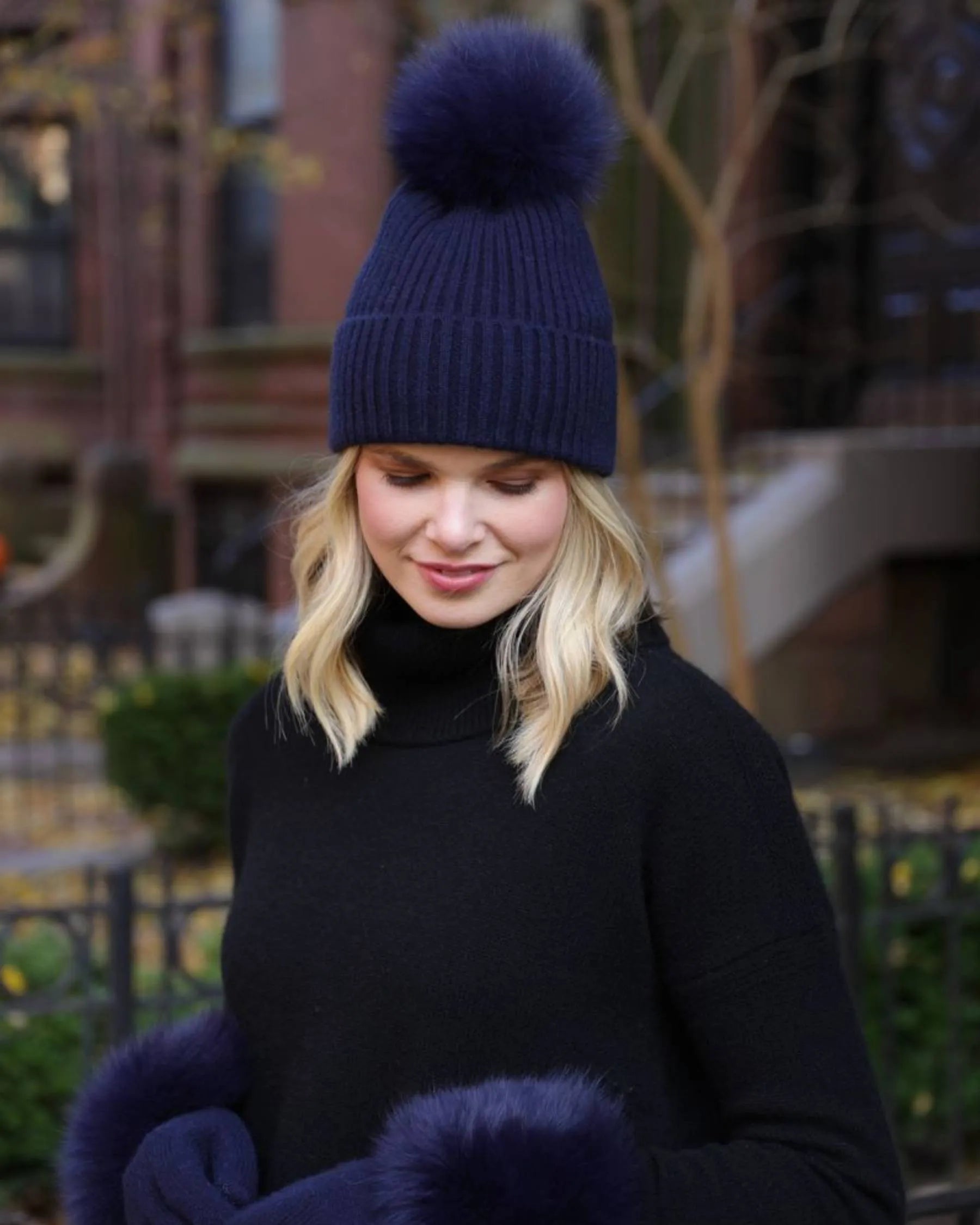 Cashmere LUXE Ribbed Fox Pompom Hat-Misc Accessories-Happy on Main