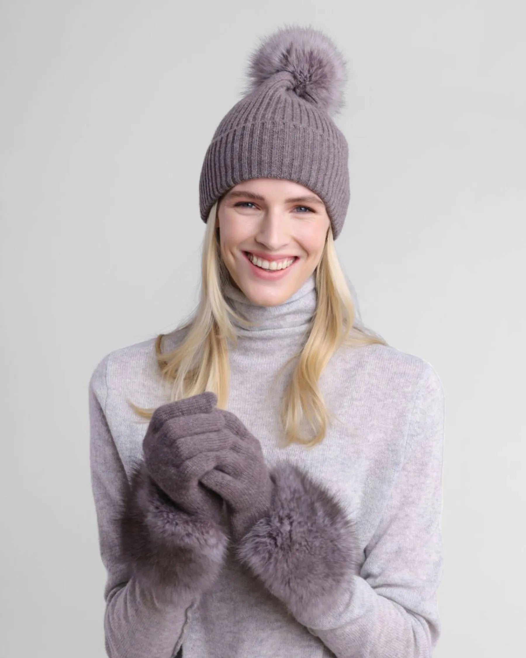 Cashmere LUXE Ribbed Fox Pompom Hat-Misc Accessories-Happy on Main