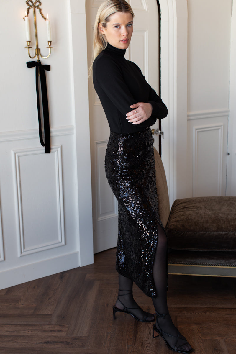 Sequin Pencil Skirt - Black Sequin-Emerson Fry-Happy on Main