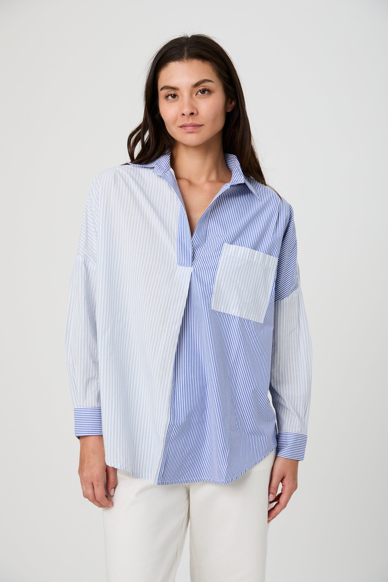 Stripe Popover Shirt - Linen-Navy-Light Blue-French Connection-Happy on Main