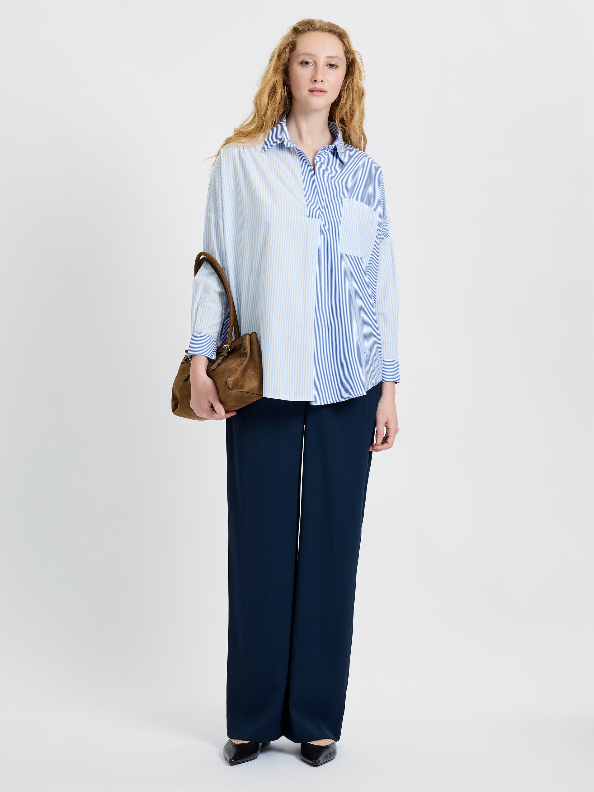 Stripe Popover Shirt - Linen-Navy-Light Blue-French Connection-Happy on Main
