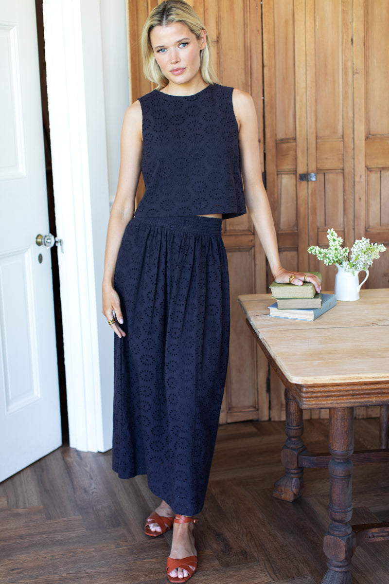 Wide Hem Skirt - Midnight Eyelet-Emerson Fry-Happy on Main