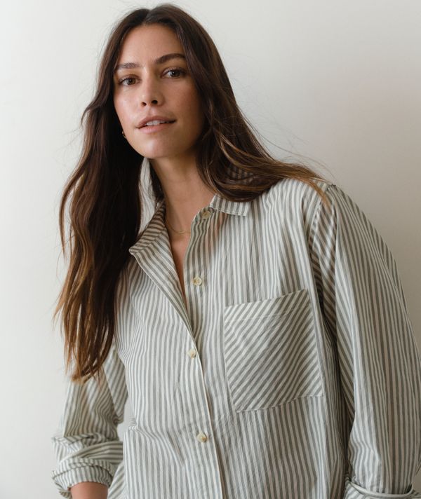 Jane Relaxed Shirt in Cali Poplin - Olive Stripe-Marine Layer-Happy on Main