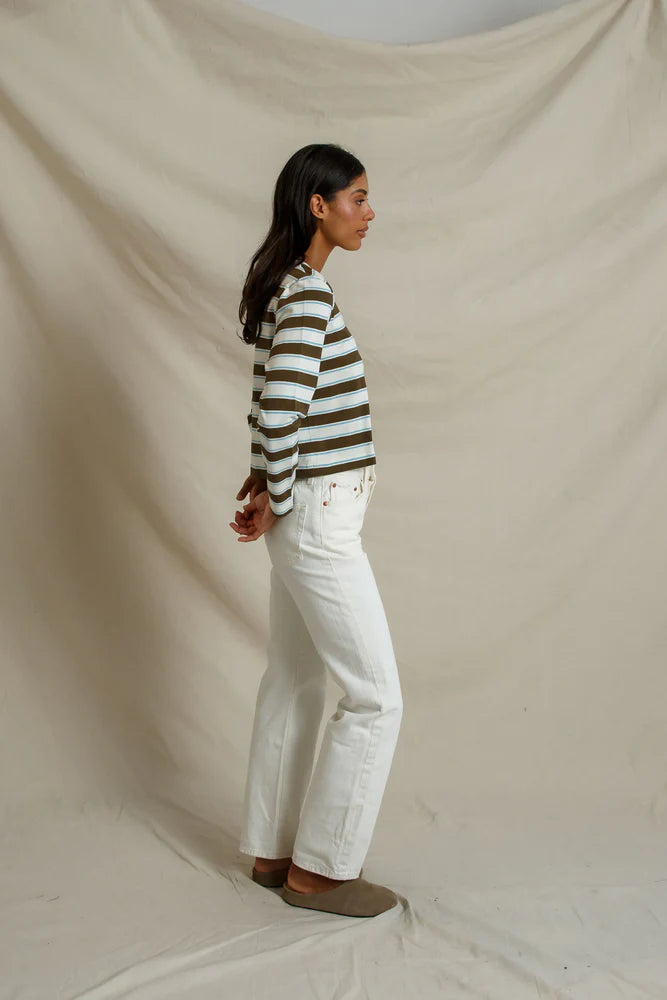 Veya Cotton Rugby Striped Long Sleeve - Dark Olive Stripe-perfectwhitetee-Happy on Main