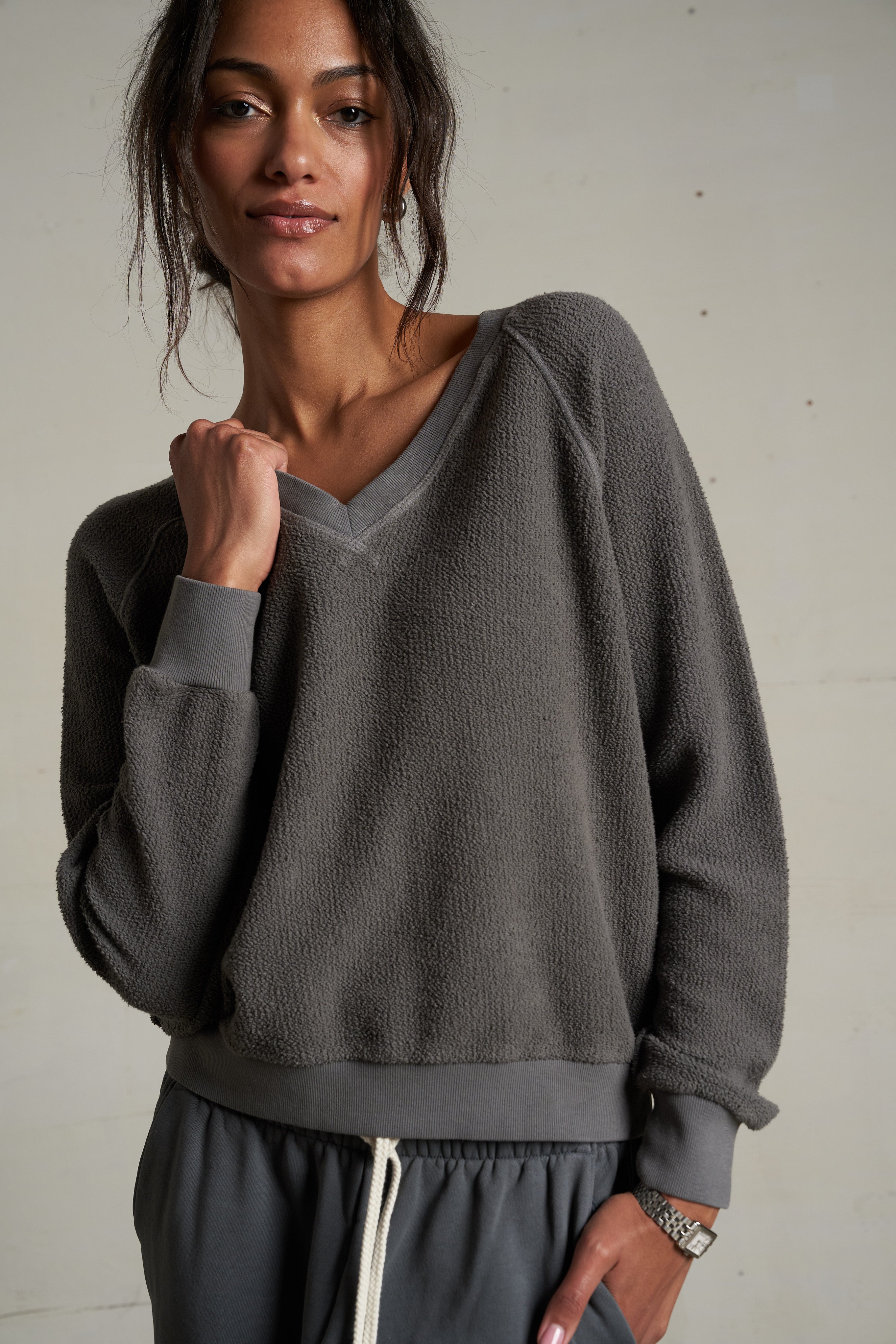 Zuri Reverse Fleece V Neck Sweatshirt - Charcoal-perfectwhitetee-Happy on Main