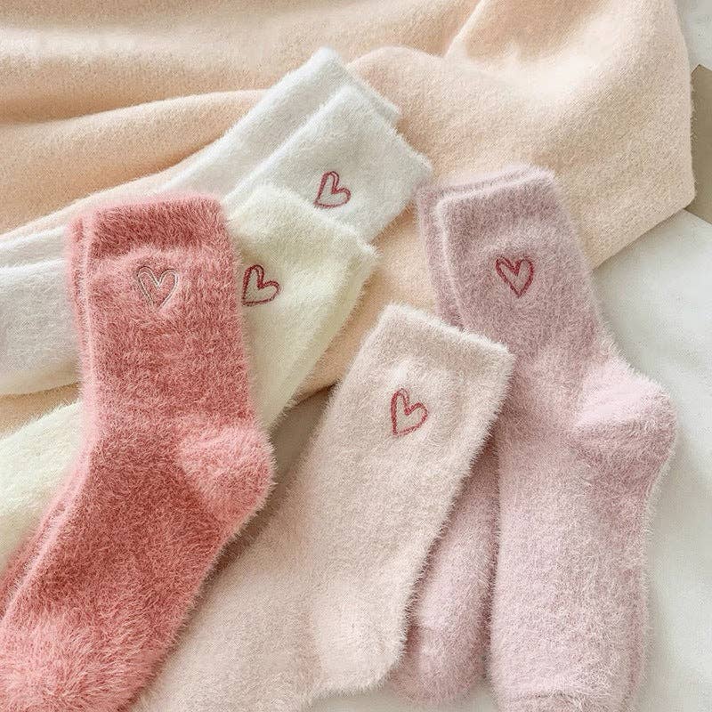 Cute Heart Embroidery Fuzzy Plush Socks DP25H516-Dipped Shop-Happy on Main