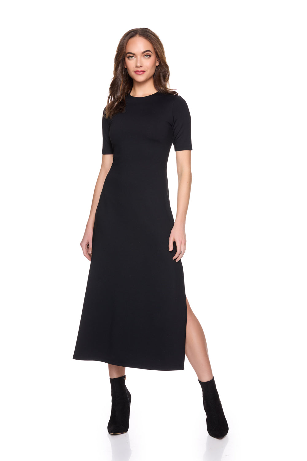 Crew Side Slit Midi Dress - Black-Susana Monaco-Happy on Main