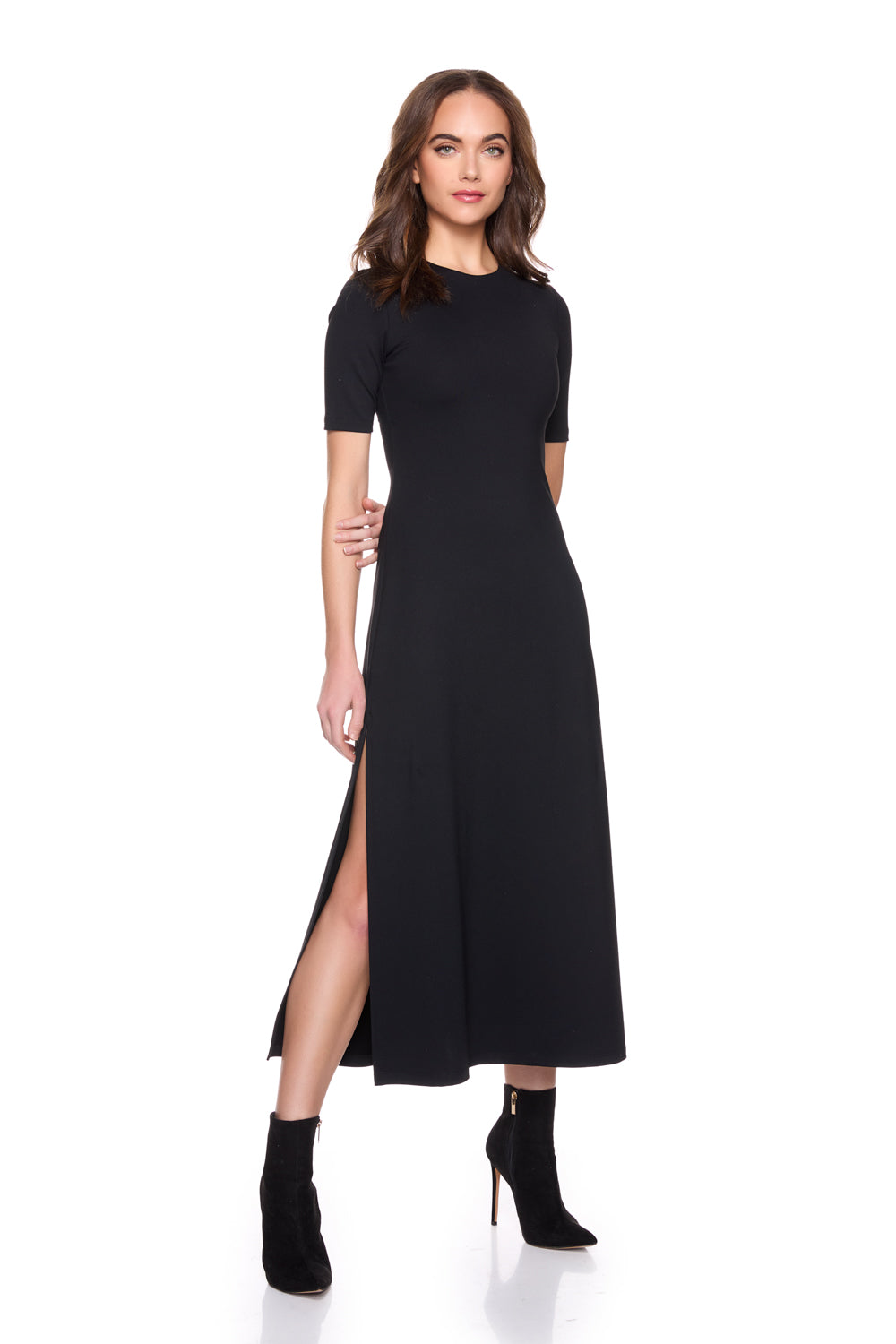 Crew Side Slit Midi Dress - Black-Susana Monaco-Happy on Main