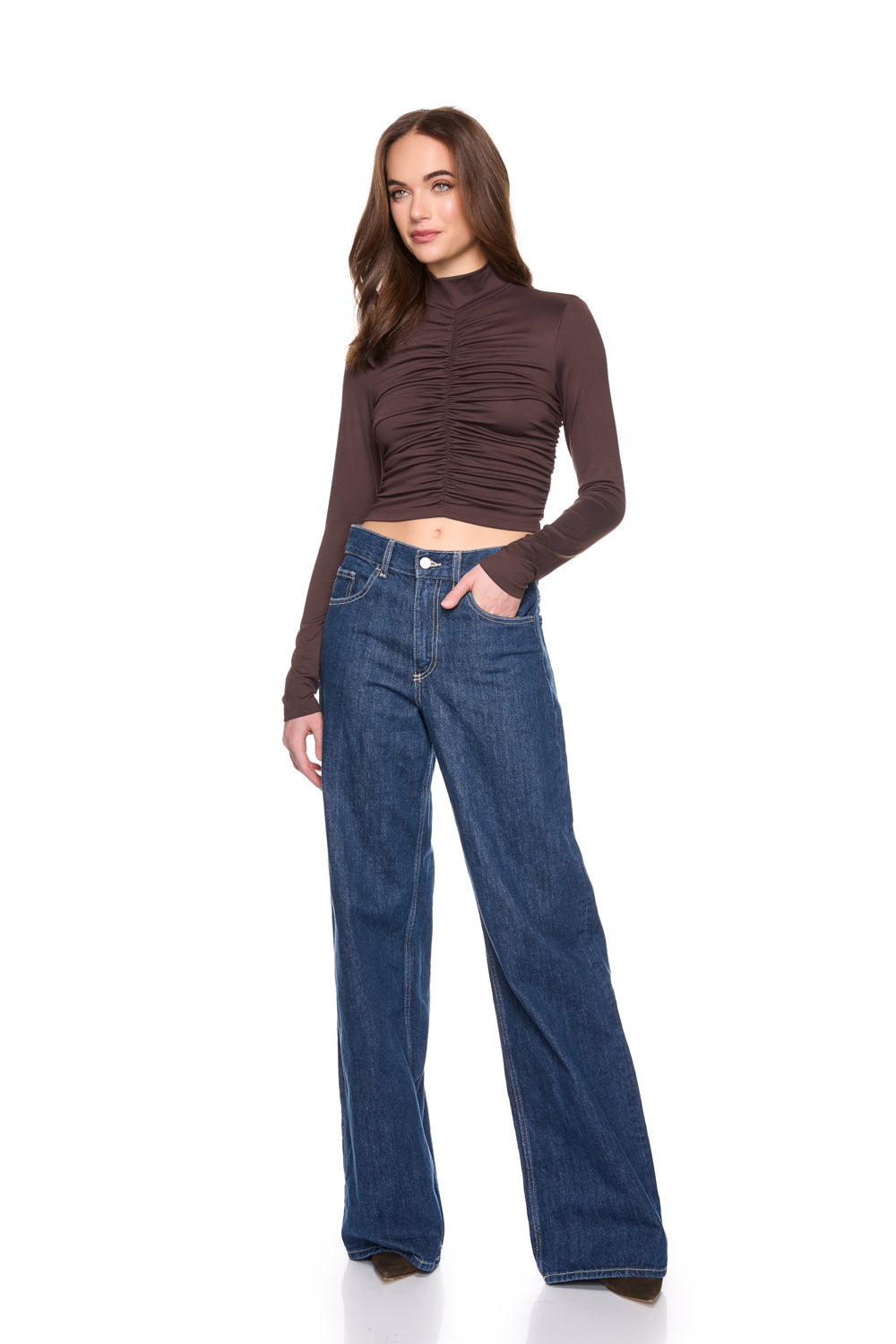 Mock Neck Gathered LS Top-Casual Tops-Happy on Main