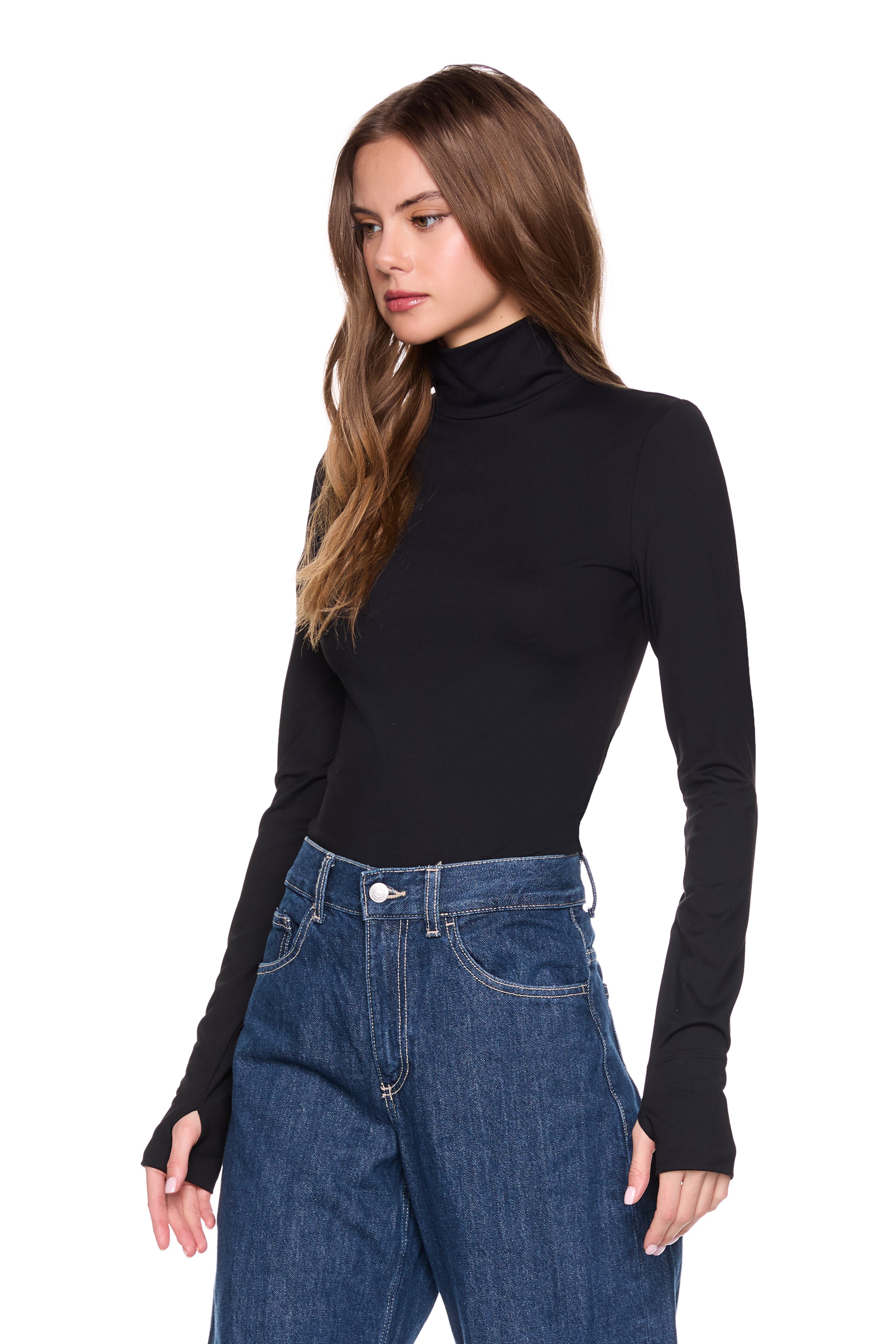 Mock Neck Thumb Hole LS-Casual Tops-Happy on Main