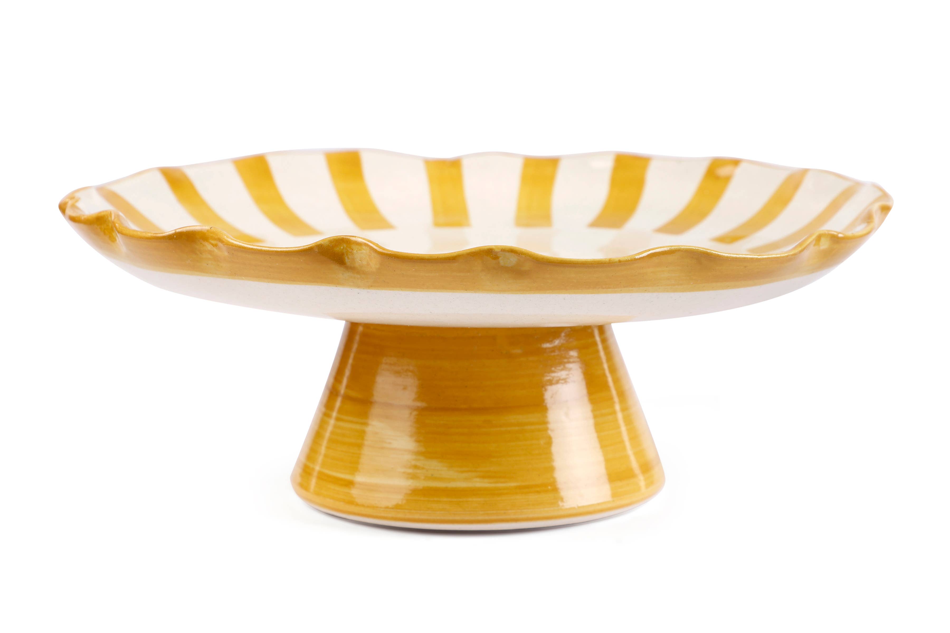 Ceramic Stripe Cake Stand, Yellow - 10 x 10 x 3.75 Inches-Home Decor-Happy on Main