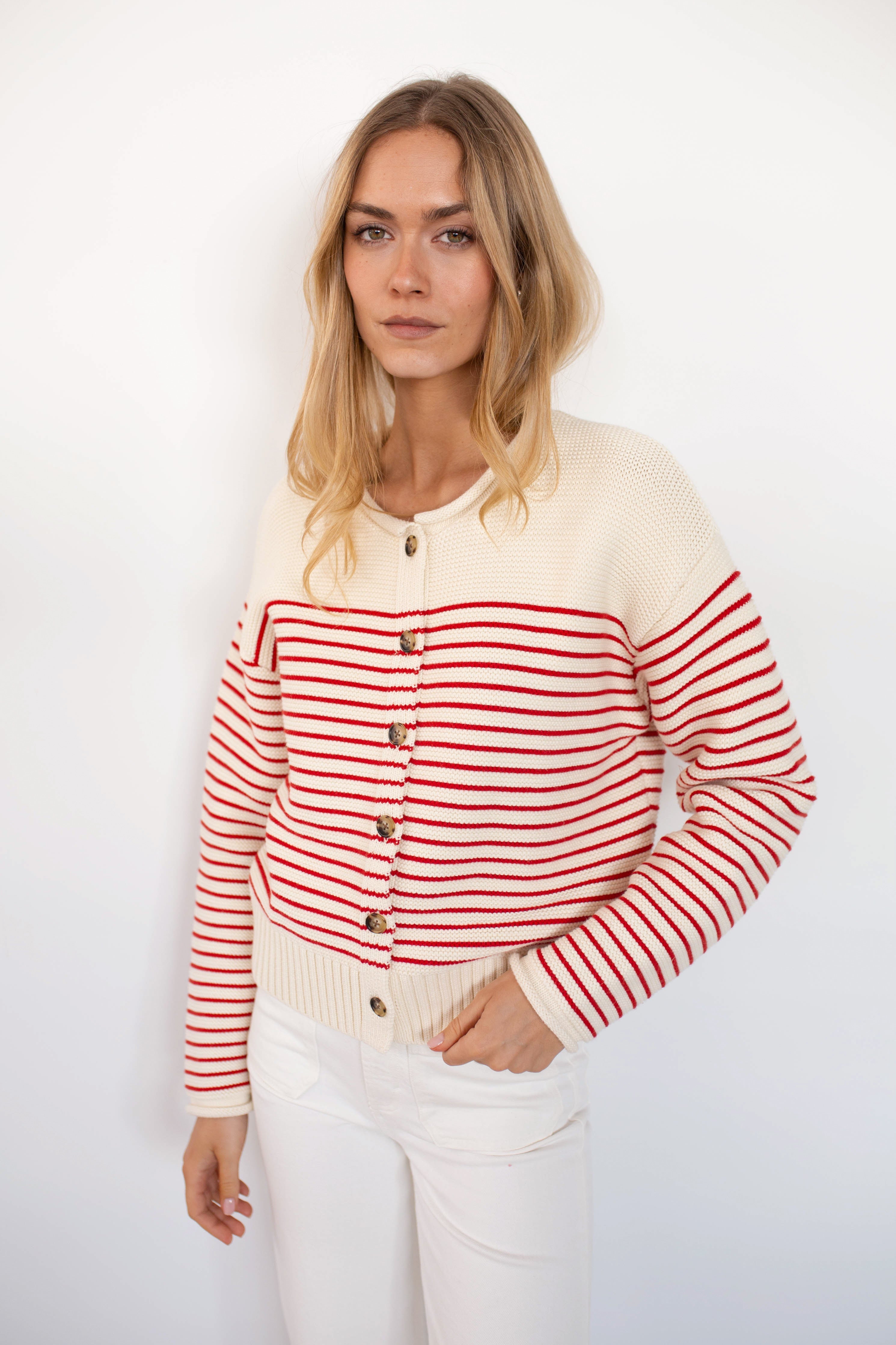 Martha Cardigan - Ivory/Red Stripe-Marea-Happy on Main