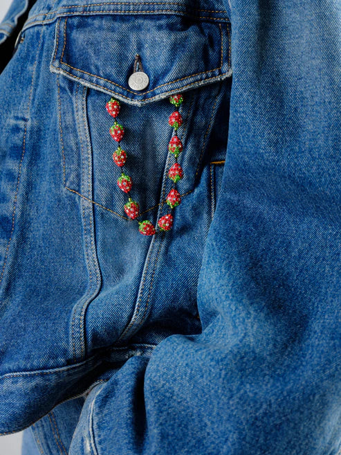 Strawberry Pave Wristlet - Pave rhinestone strawberries, Strung on braided cord. Double knotted between each bead.