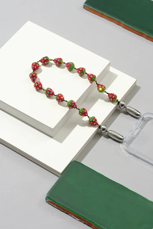 Strawberry Pave Wristlet - Pave rhinestone strawberries, Strung on braided cord. Double knotted between each bead.