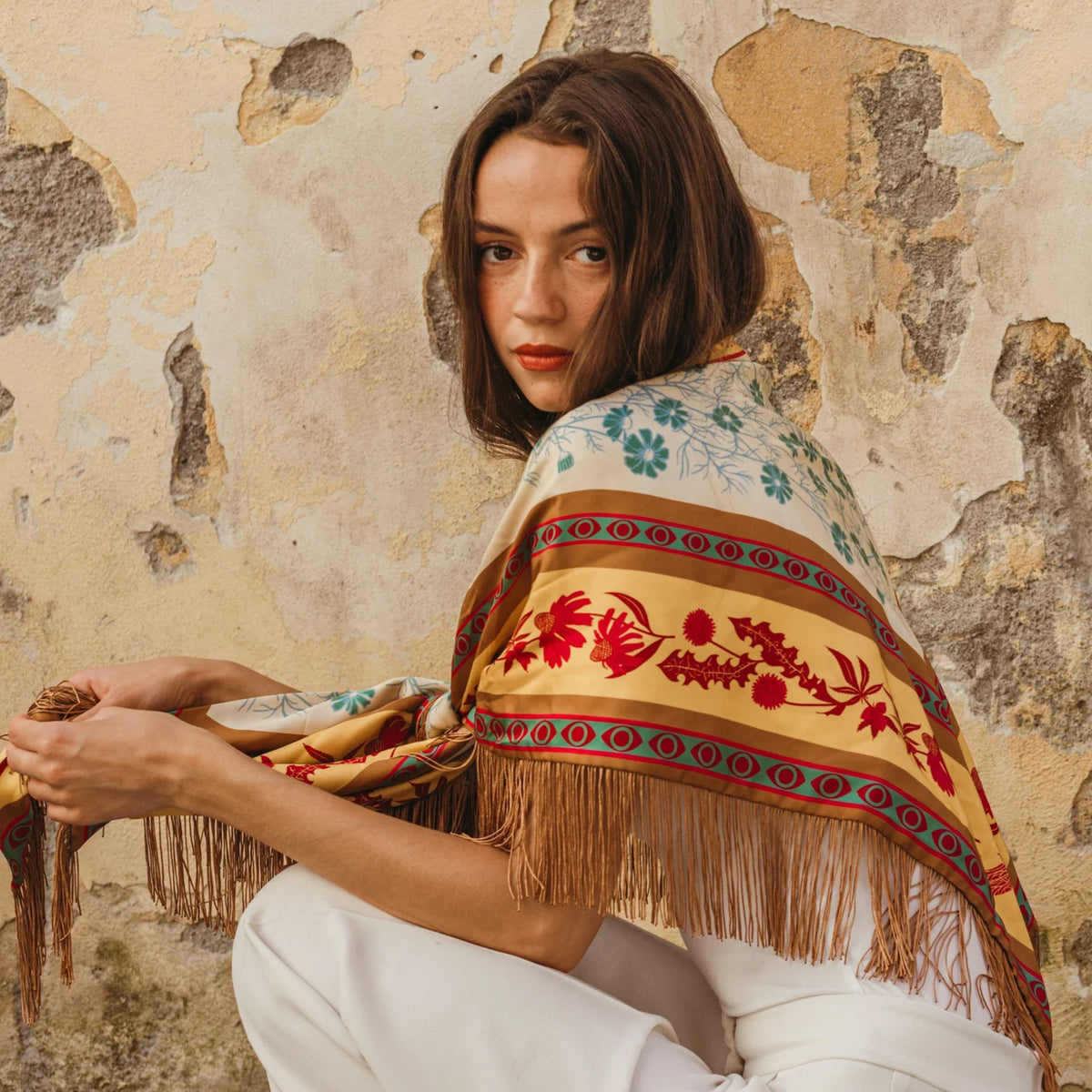 Gaia Silk Fringe Bandana - Sunflower/Scarlet-Freya-Happy on Main