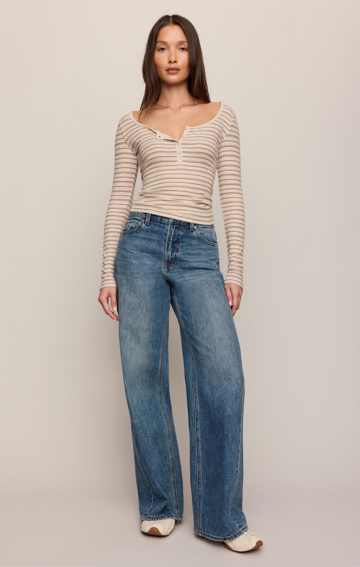 Andie Striped Henley Top - Light Oatmeal Heather-Z Supply-Happy on Main