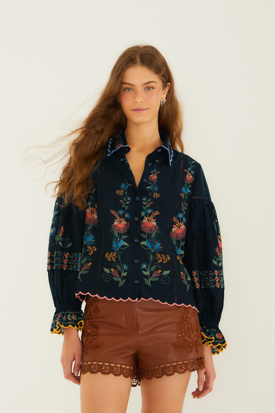 Stitched Garden Navy Blue Blouse-Farm Rio-Happy on Main