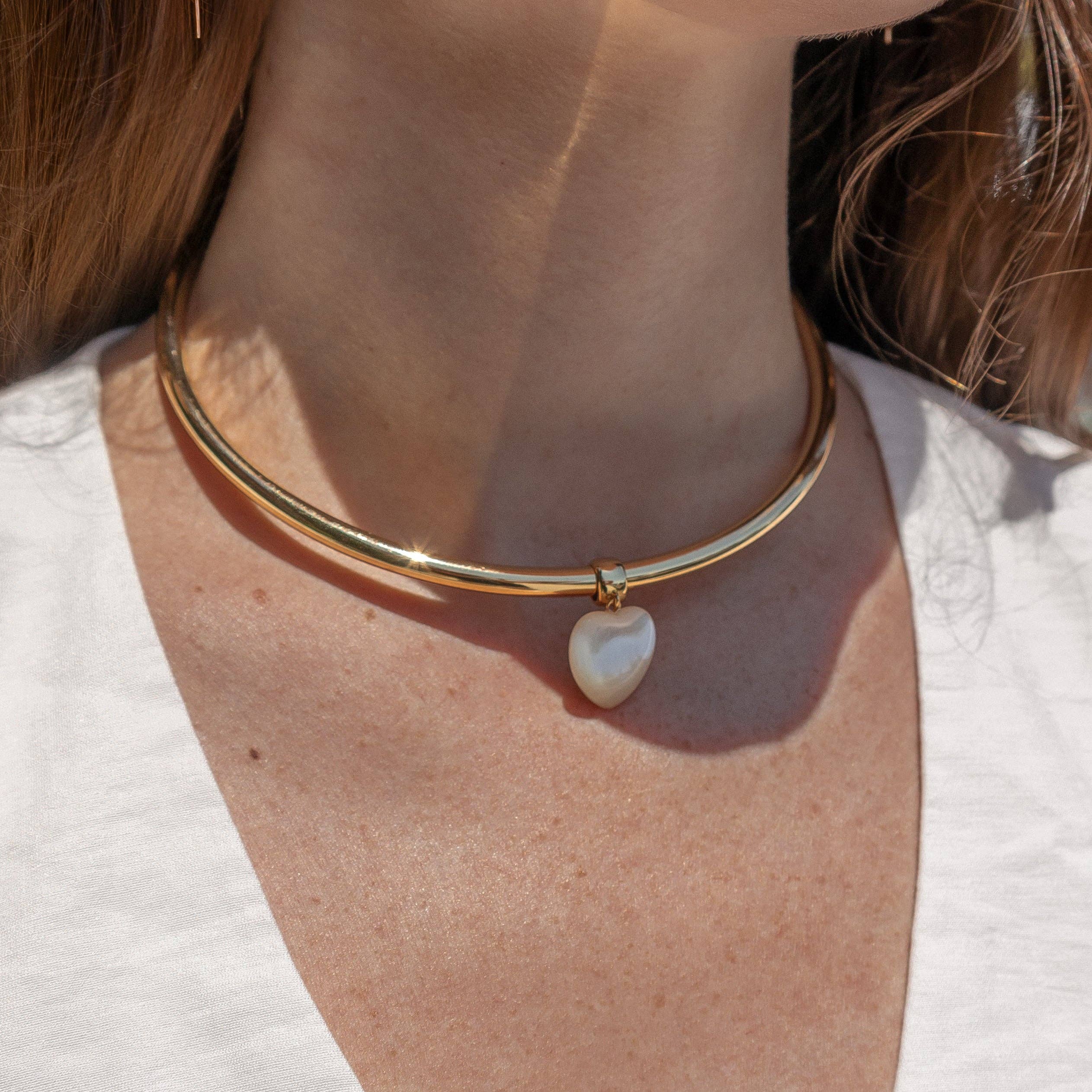 Gemma Mother Of Pearl Heart Choker Necklace-Everyday Jewelry-Happy on Main
