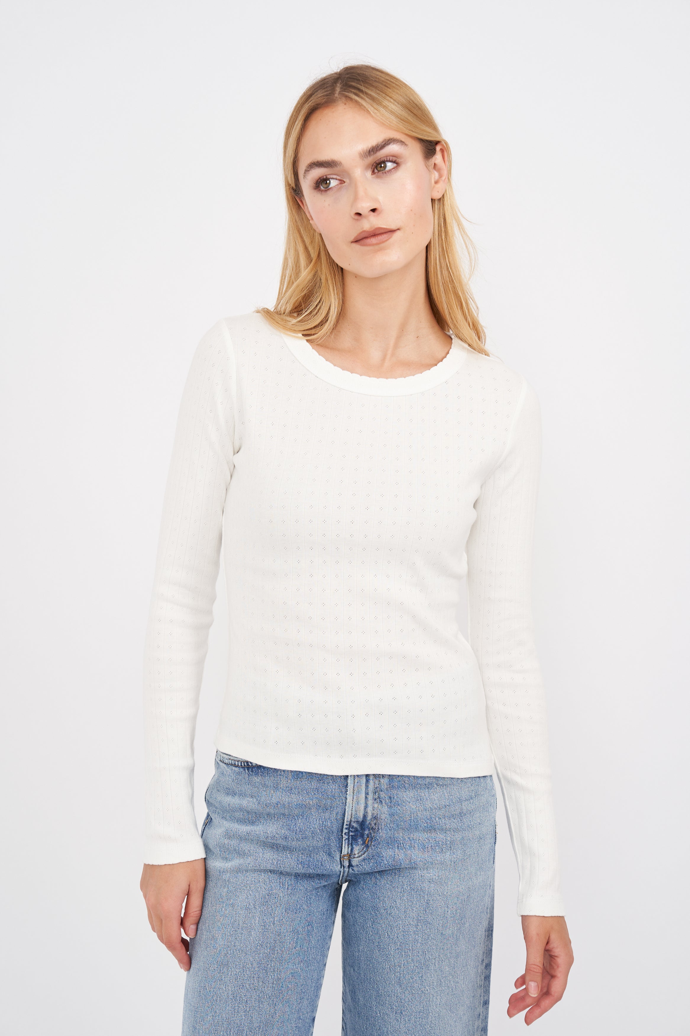 Pointelle Long Sleeve Crewneck-Casual Tops-Happy on Main