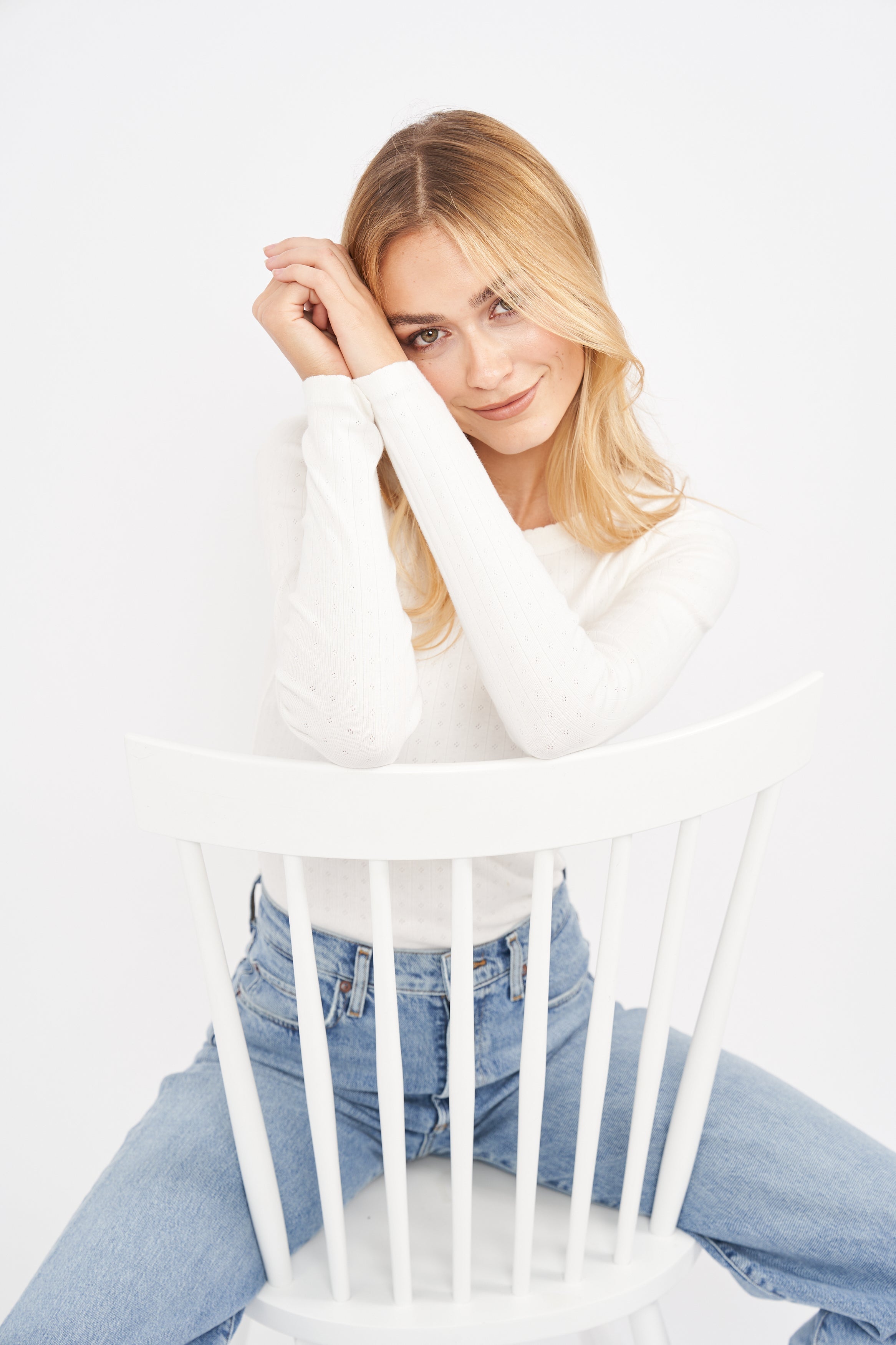 Pointelle Long Sleeve Crewneck-Casual Tops-Happy on Main