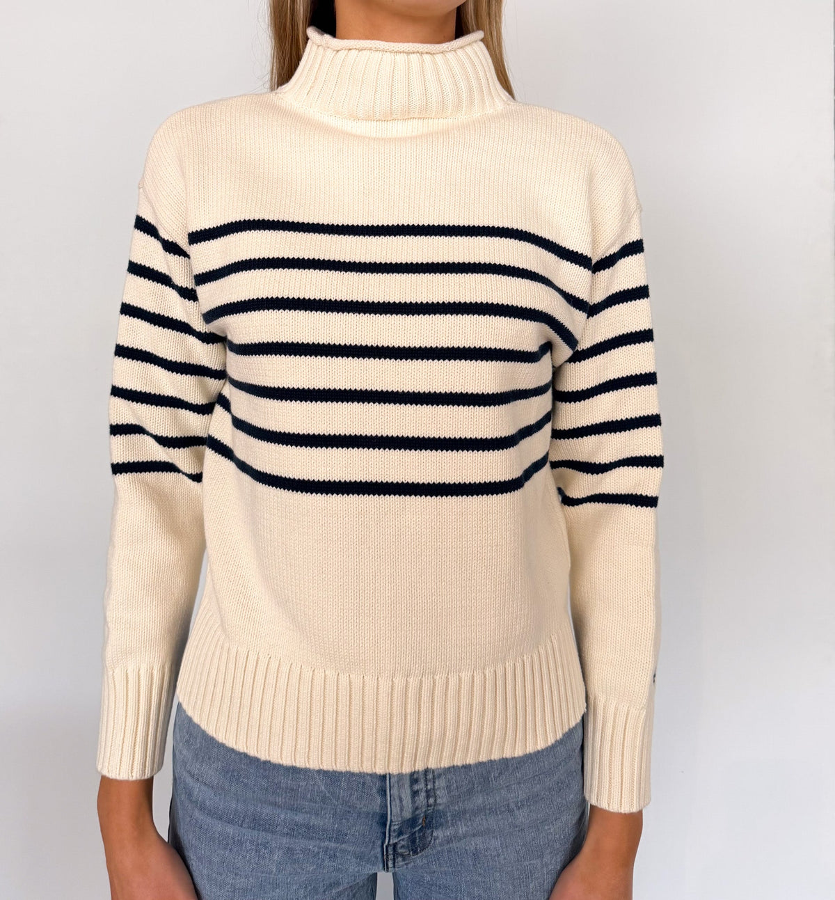 Millie Rollneck Sweater - Ivory/Navy Stripe-Marea-Happy on Main