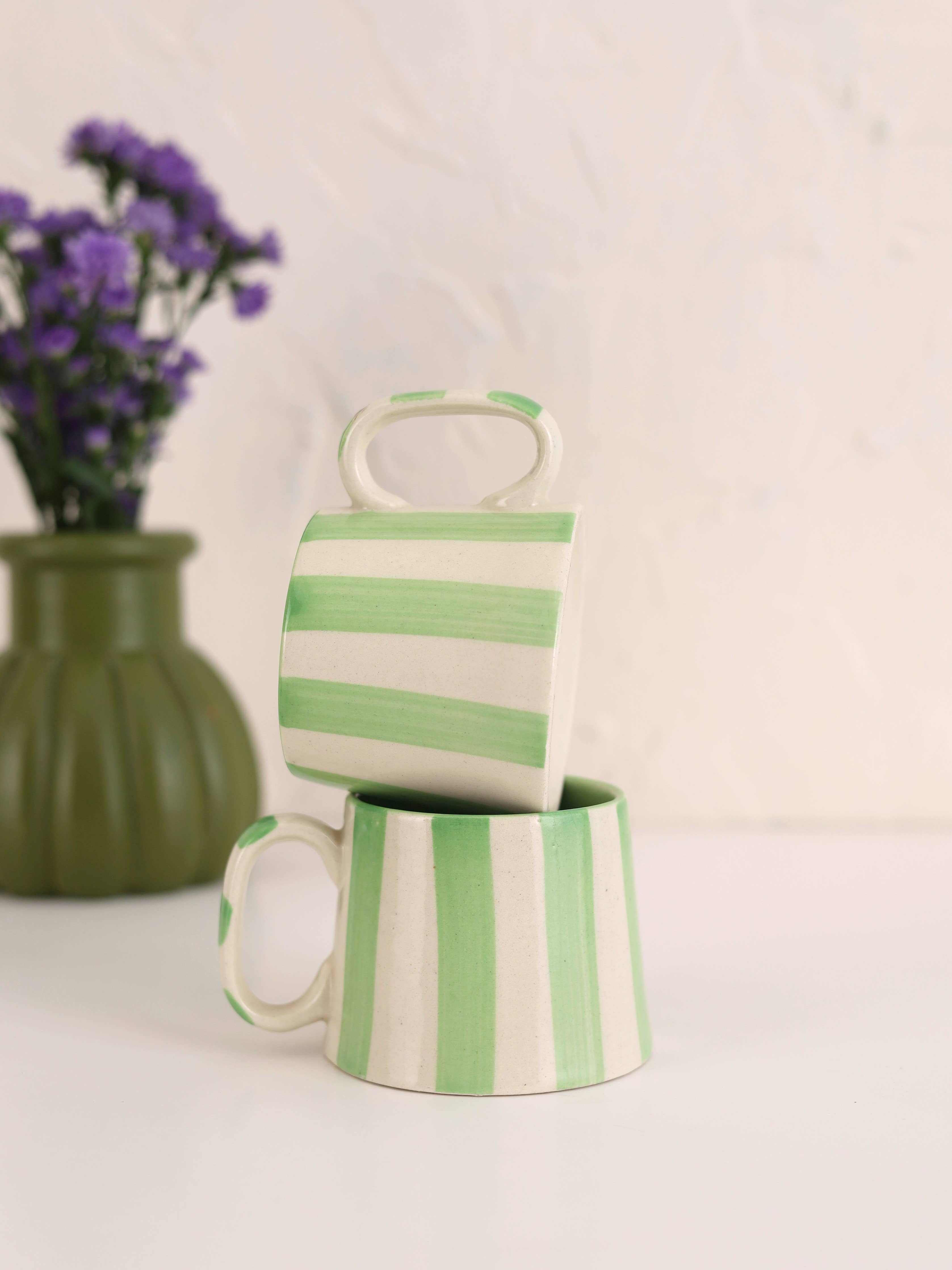 Ceramic Green Stripe Coffee cup- 220ml-Home Decor-Happy on Main