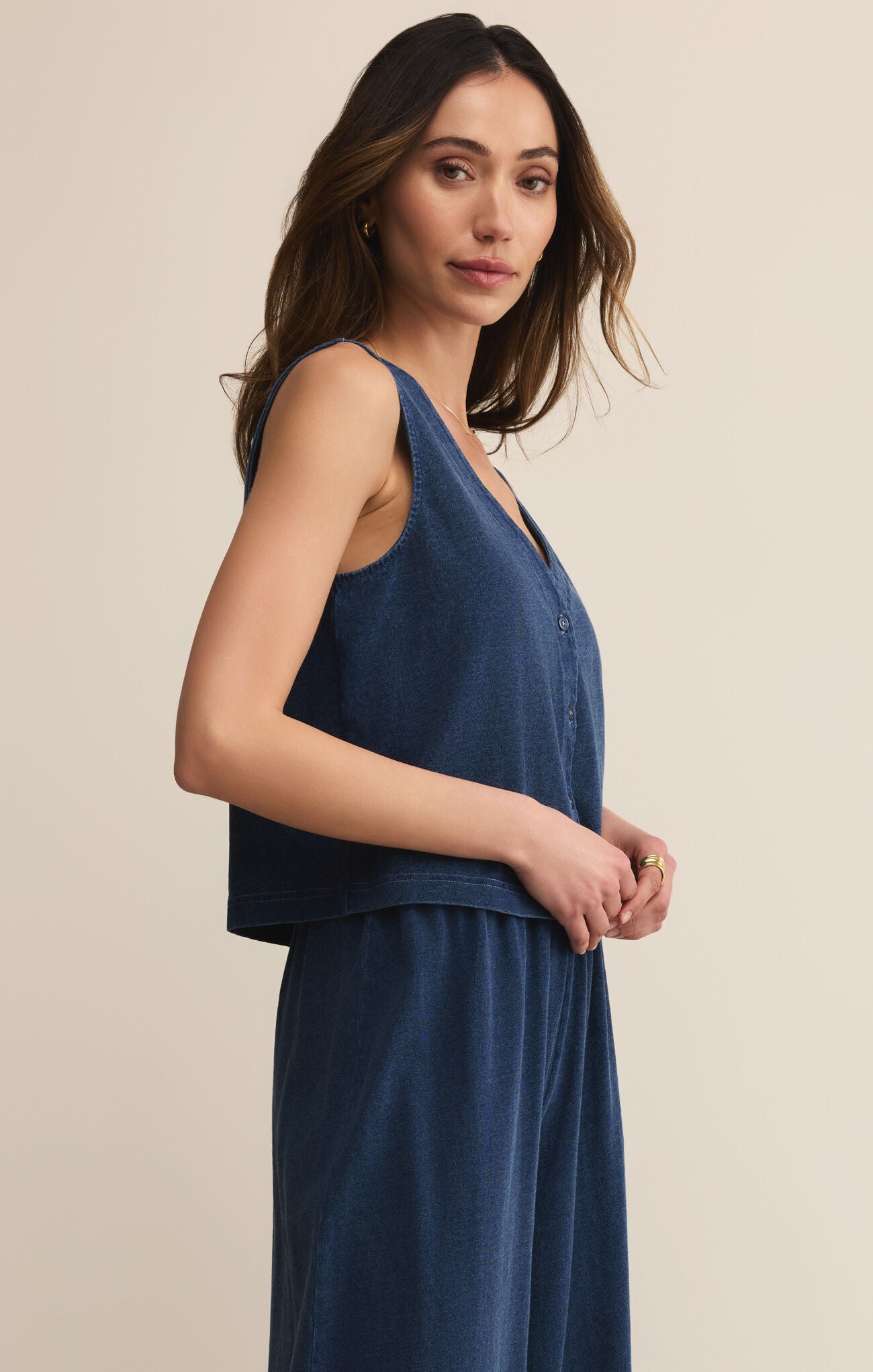 Solace Jersey Denim Top-Casual Tops-Happy on Main