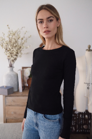 Pointelle Long Sleeve Crewneck-Casual Tops-Happy on Main