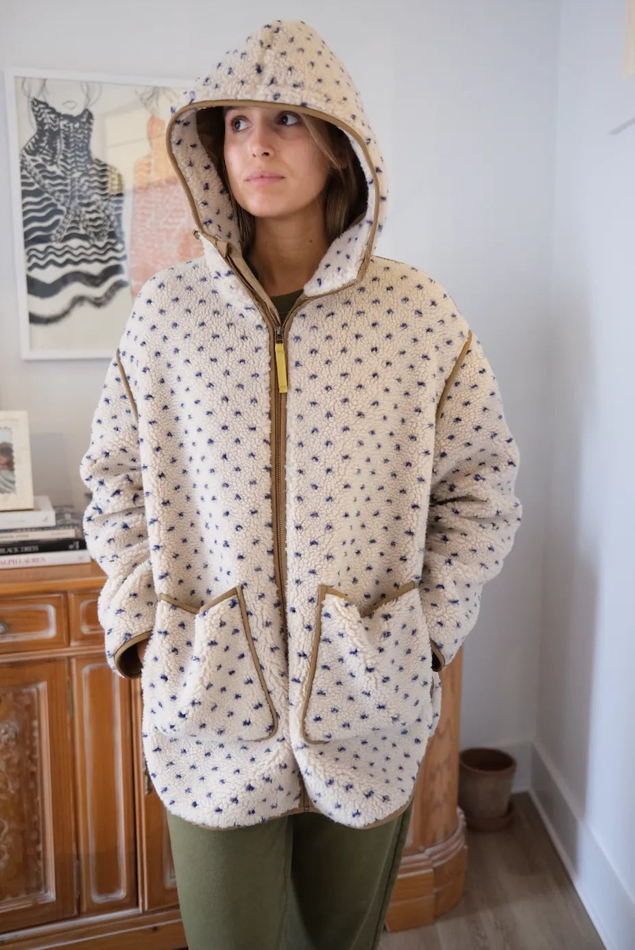 Hooded Sherpa Jacket - Ivory/Blue Birdseye-Marea-Happy on Main