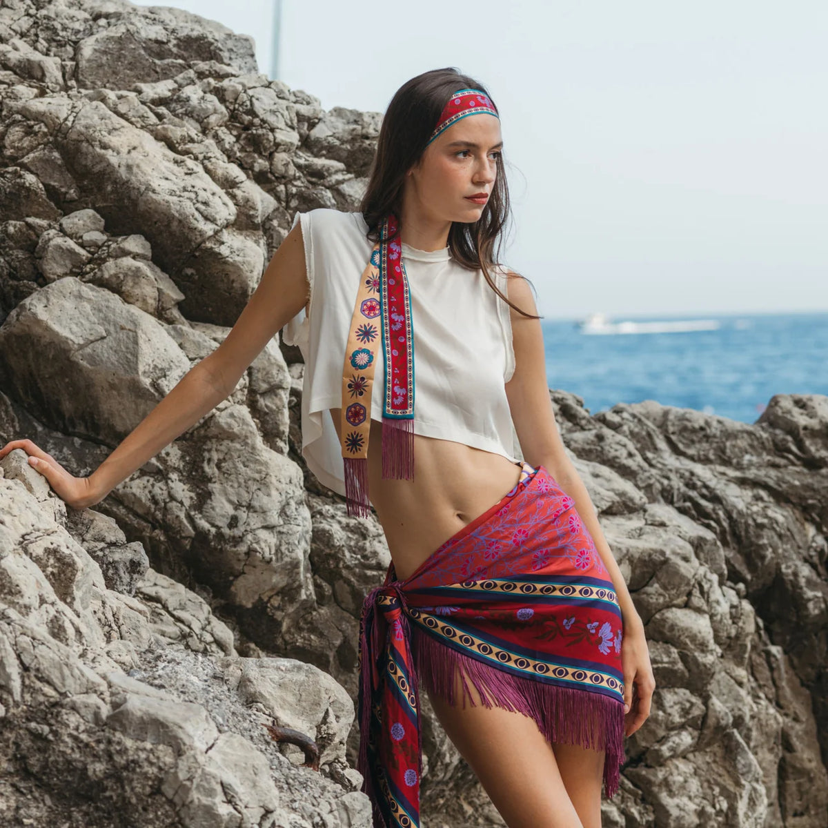 Gaia Silk Fringe Bandana - Raspberry/Lavender-Freya-Happy on Main