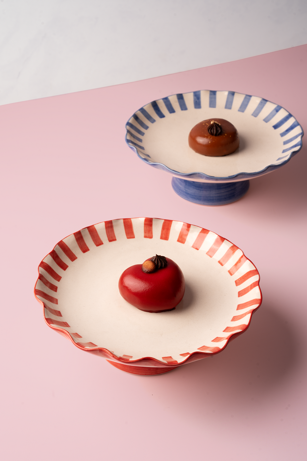 Ceramic Stripe Cake Stand, Blue - 10 x 10 x 3.75 Inches-Home Decor-Happy on Main