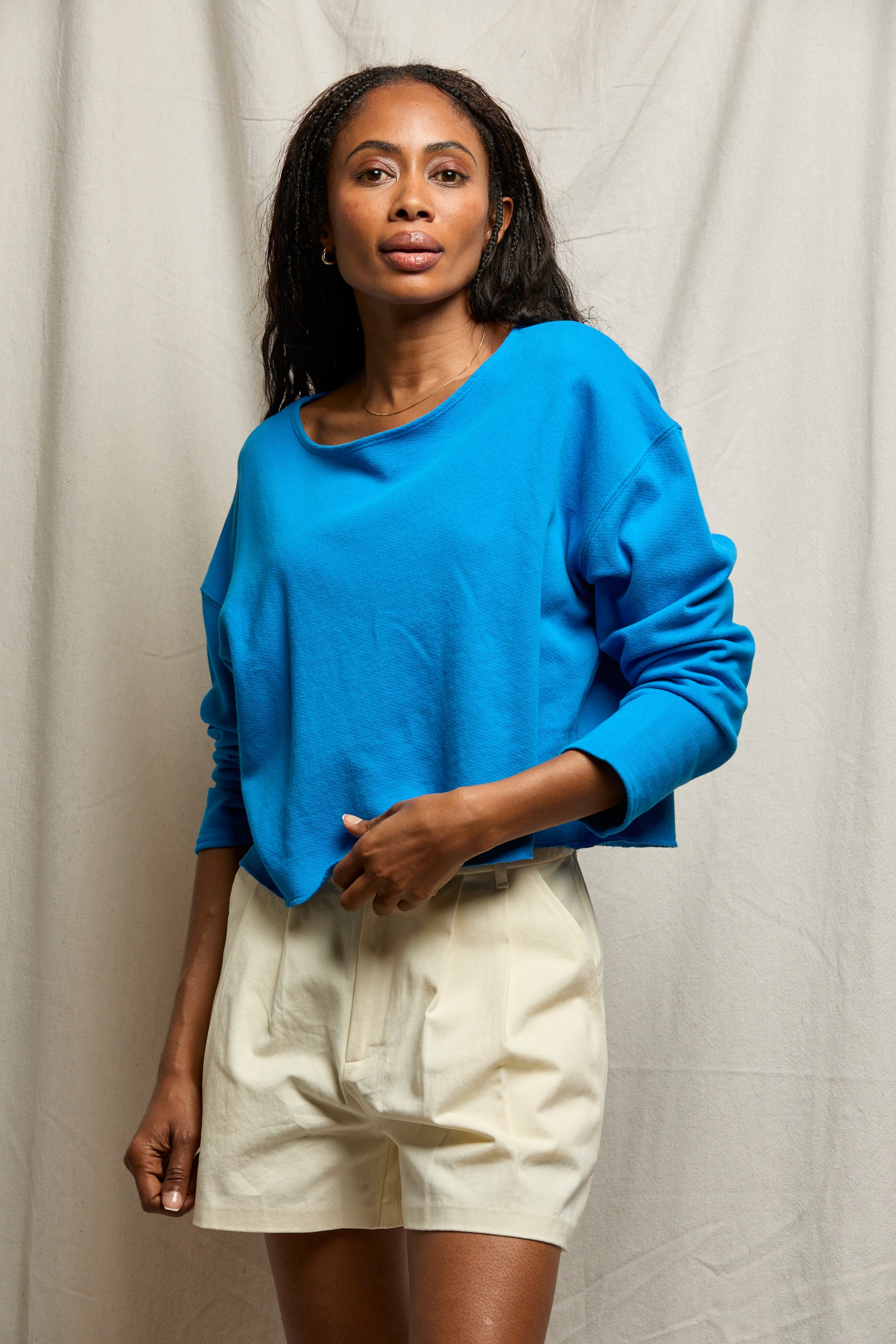 Briana French Terry Long Sleeve Tee - Cobalt-perfectwhitetee-Happy on Main