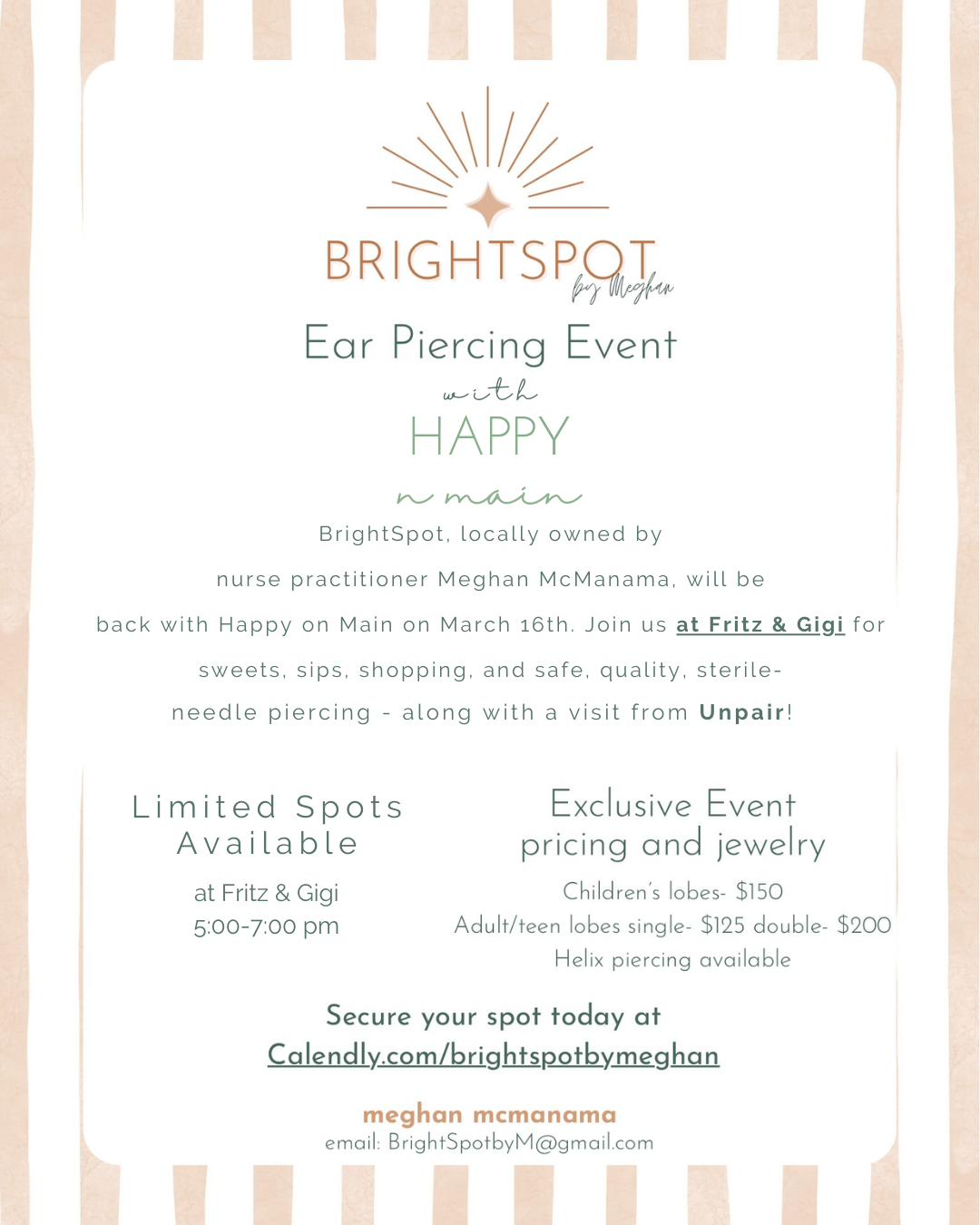 BrightSpot by Meghan: Professional Ear Piercing Pop-Up - Now at Fritz & Gigi, March 16th, 5-7pm-Happy on Main-Happy on Main