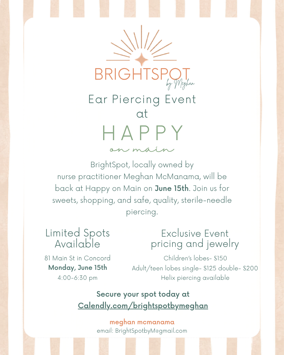 BrightSpot by Meghan: Professional Ear Piercing Pop-Up - June 15th-Happy on Main-Happy on Main