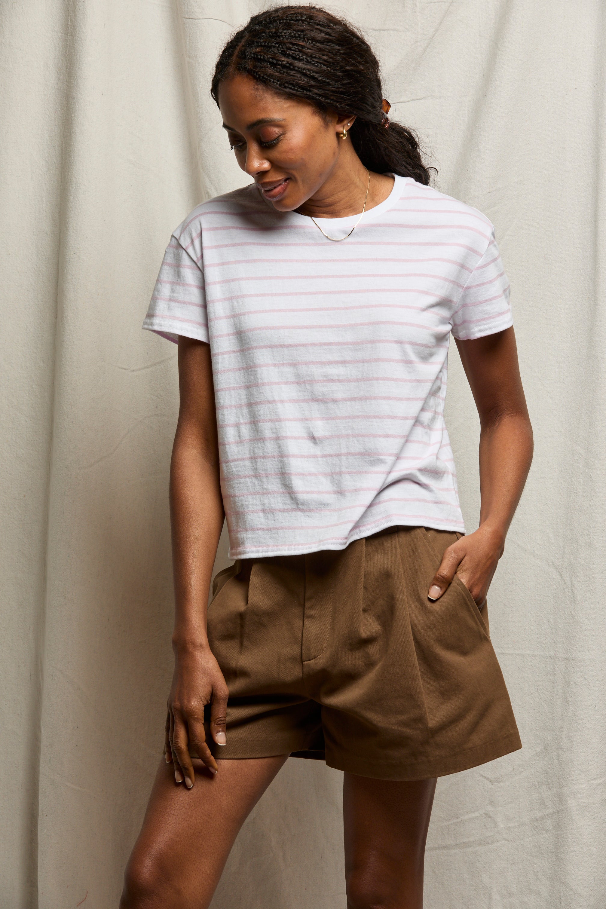Everett Stripe Boxy Crewneck Tee - Pink Stripe-perfectwhitetee-Happy on Main