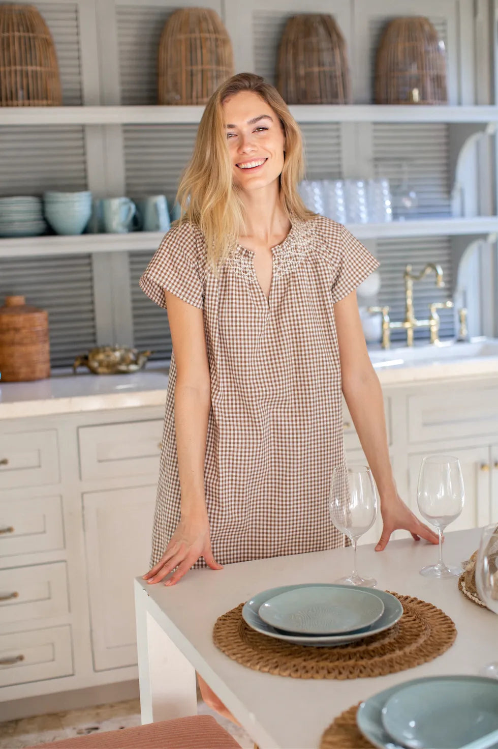 Cecelia Shortie Dress - Mocha Mini Gingham-Marea-Happy on Main
