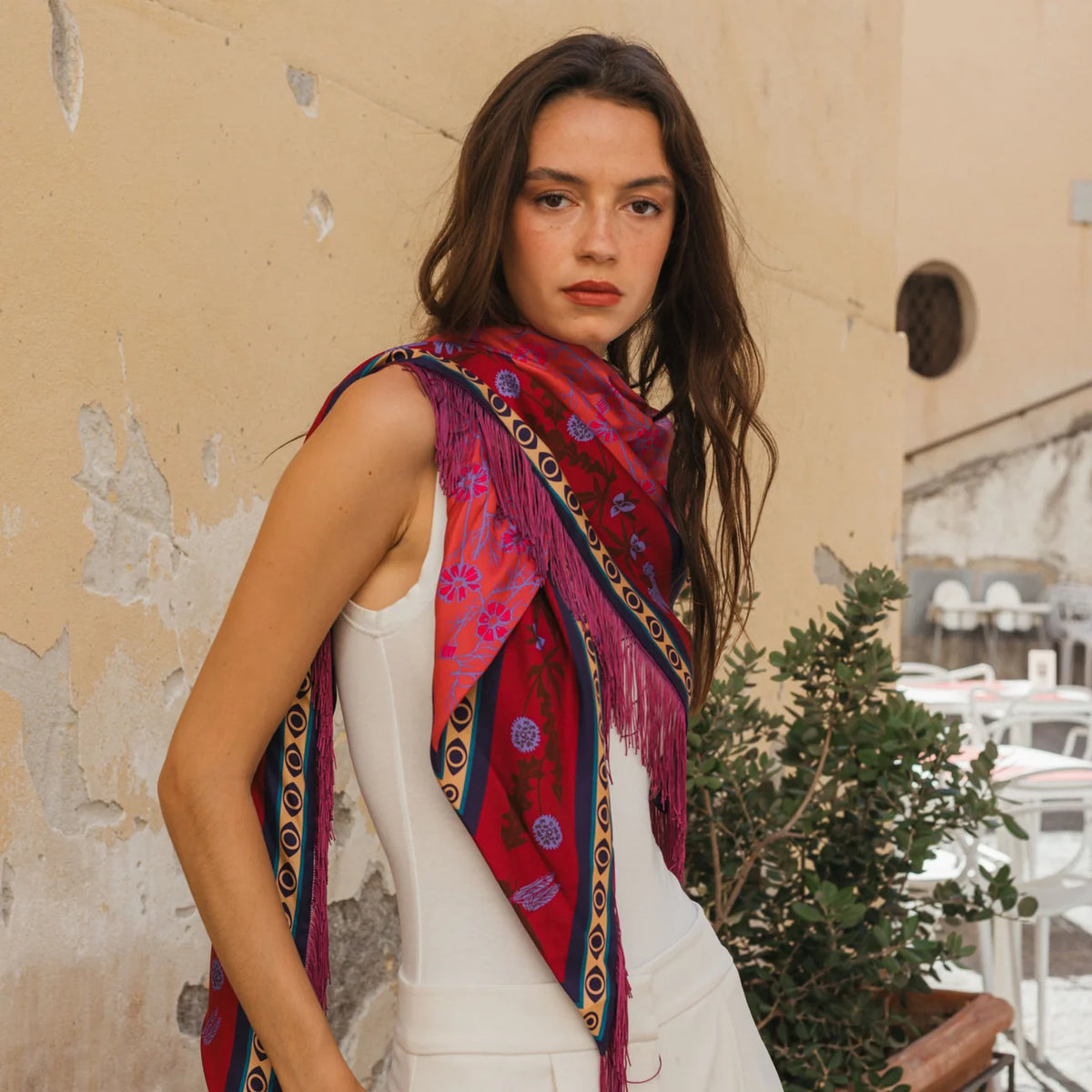 Gaia Silk Fringe Bandana - Raspberry/Lavender-Freya-Happy on Main