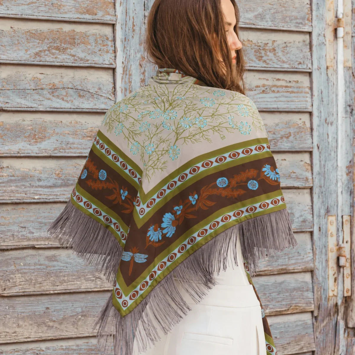 Gaia Silk Fringe Bandana - Chocolate/Olive-Freya-Happy on Main