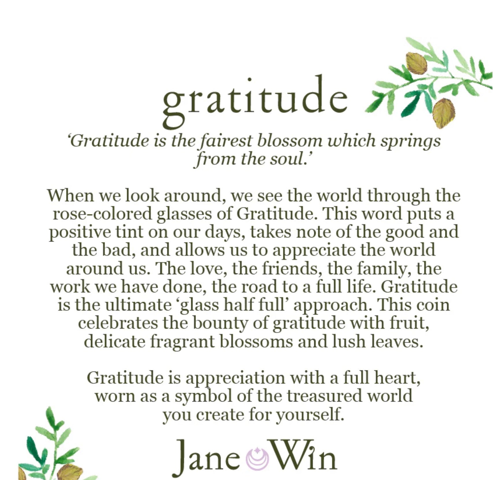 GRATITUDE JW Original Pendant Coin - Gold / 18" Drawn Link Chain-Jane Win-Happy on Main