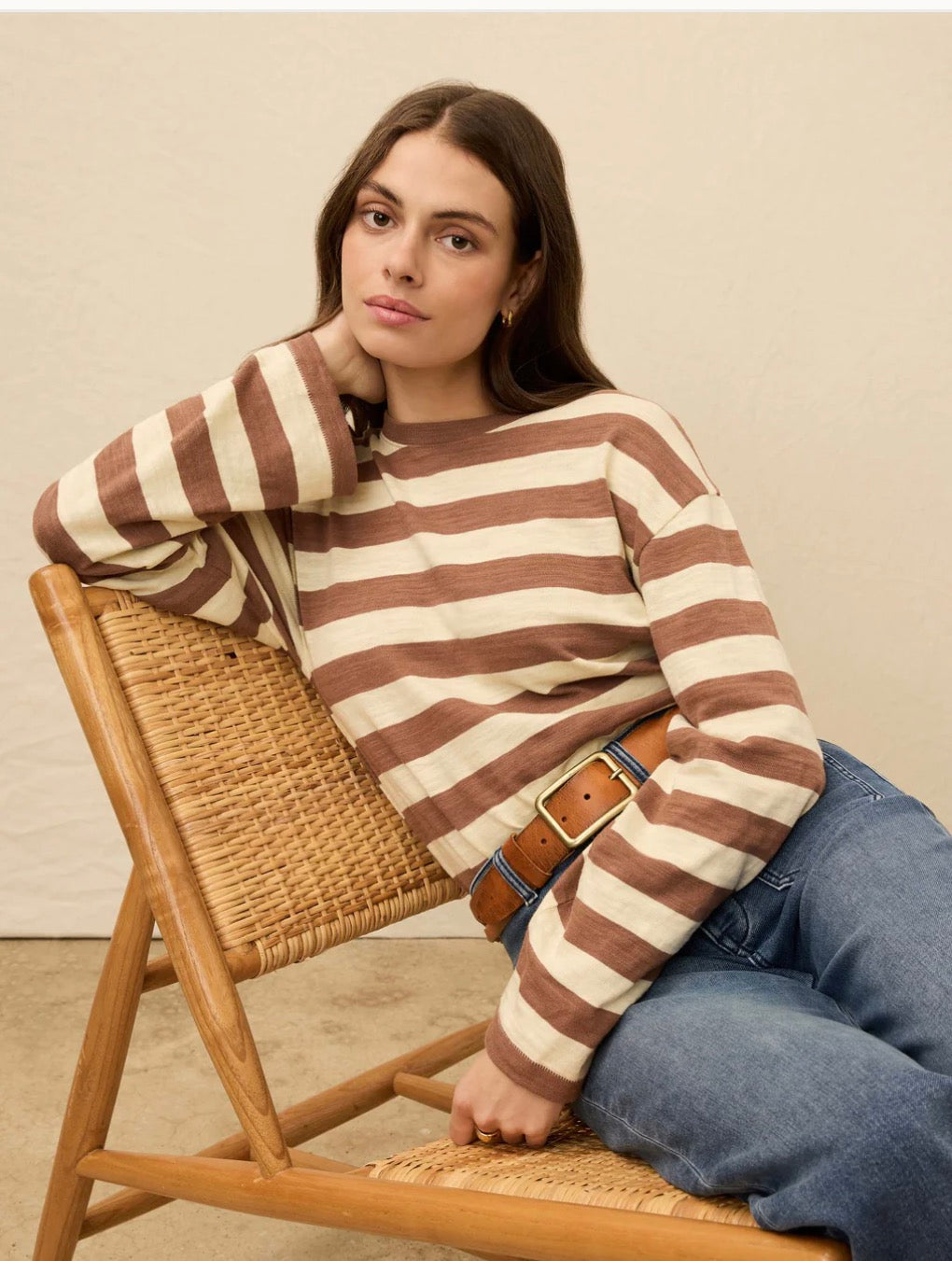 Sunwashed Slub LS Retro Tee - Nutmeg Stripe-Faherty-Happy on Main