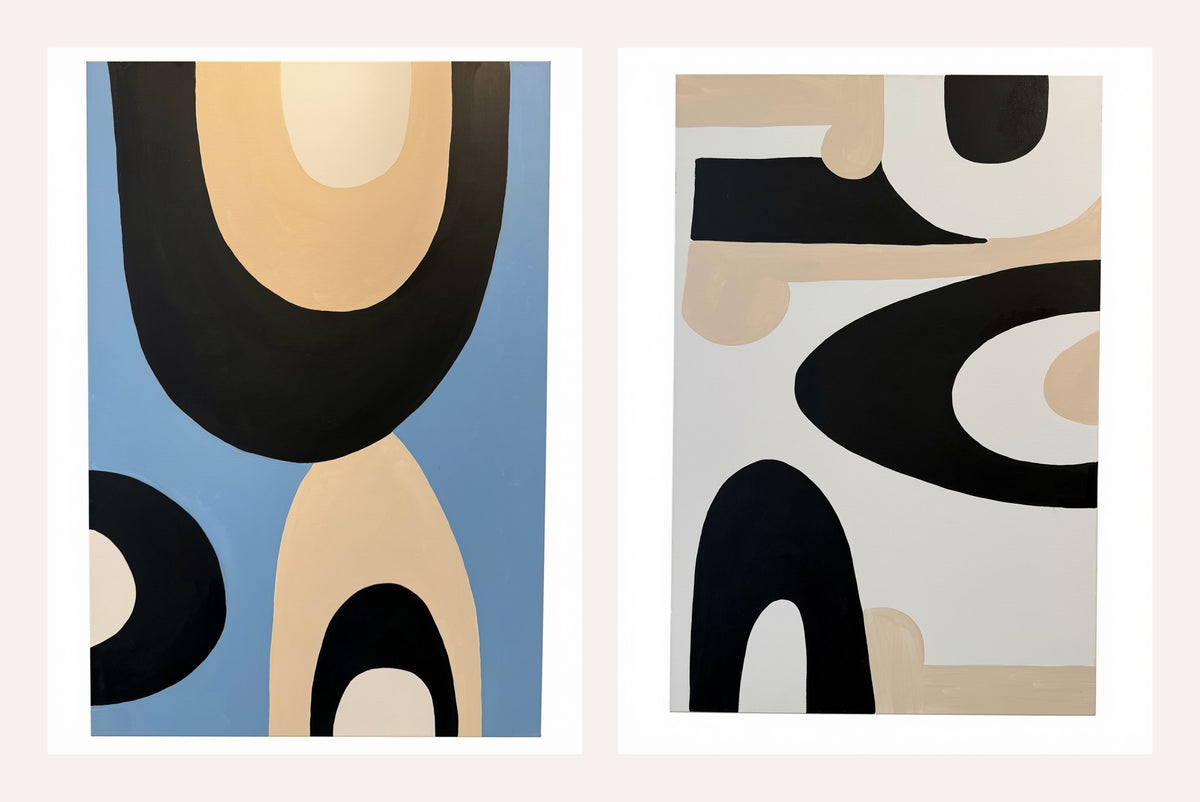 Happy Diptych in Blue and Neutrals (Pair)-Mary Ellen Harney-Happy on Main