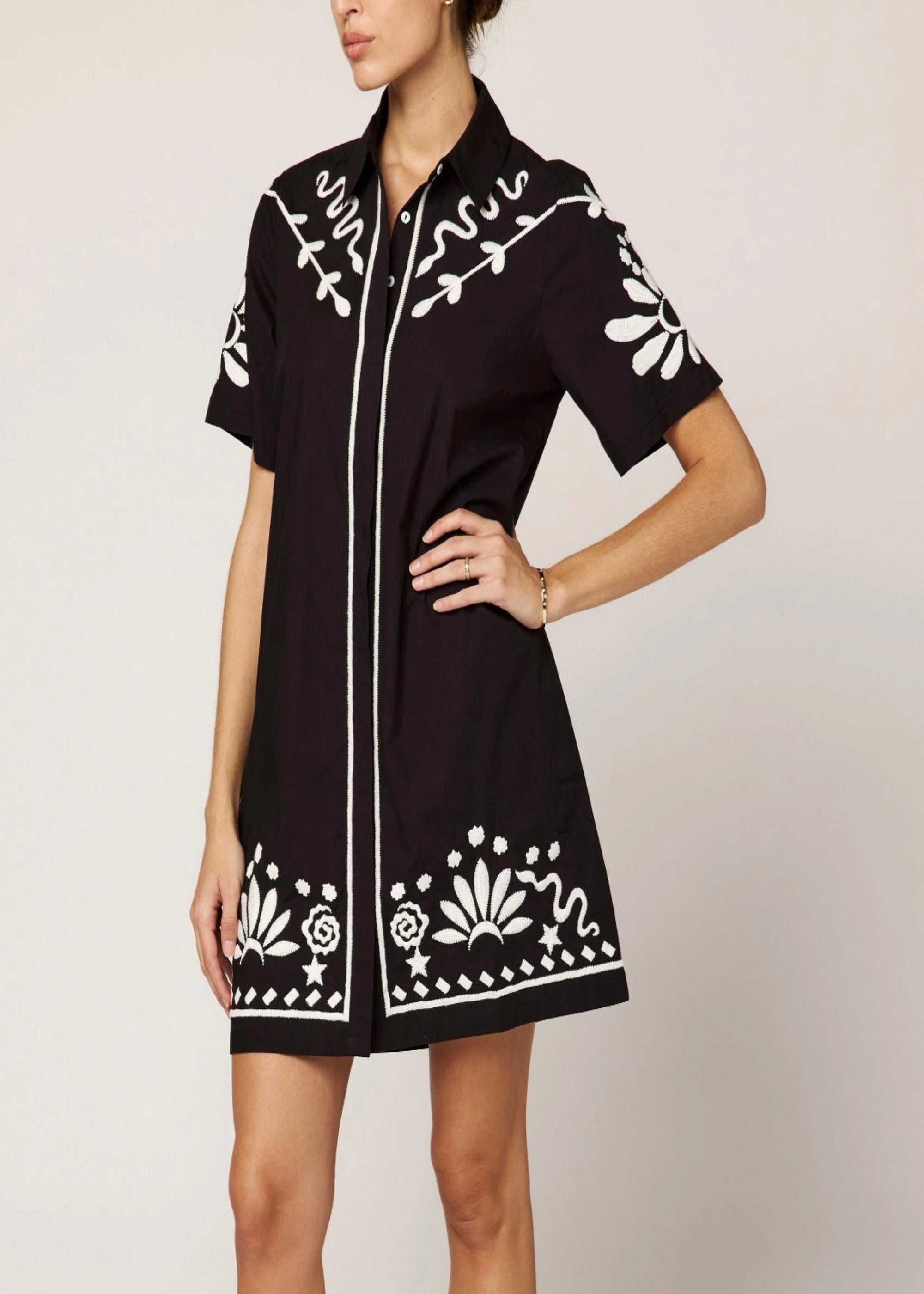 The Riya Mini Dress features a relaxed, button-down silhouette with short sleeves