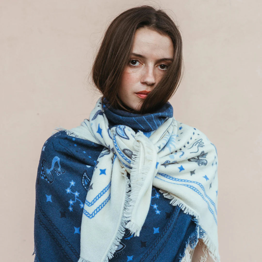 Cashmere Bandana Sweater Wrap - Ivory/Blue-Freya-Happy on Main