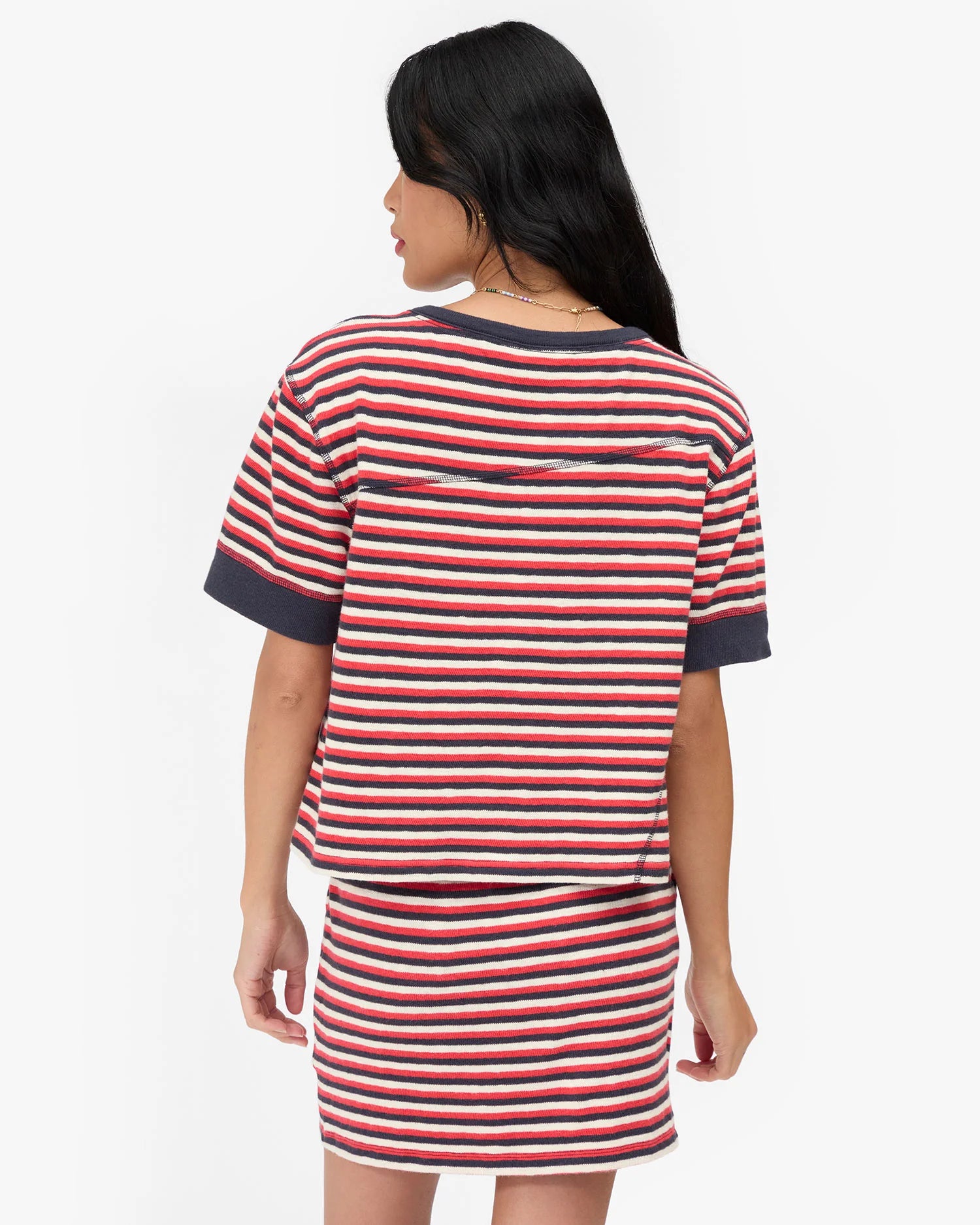 Le Mini Tube Skirt - Stripe - Navy/Cherry Red/Cream-Clare V.-Happy on Main