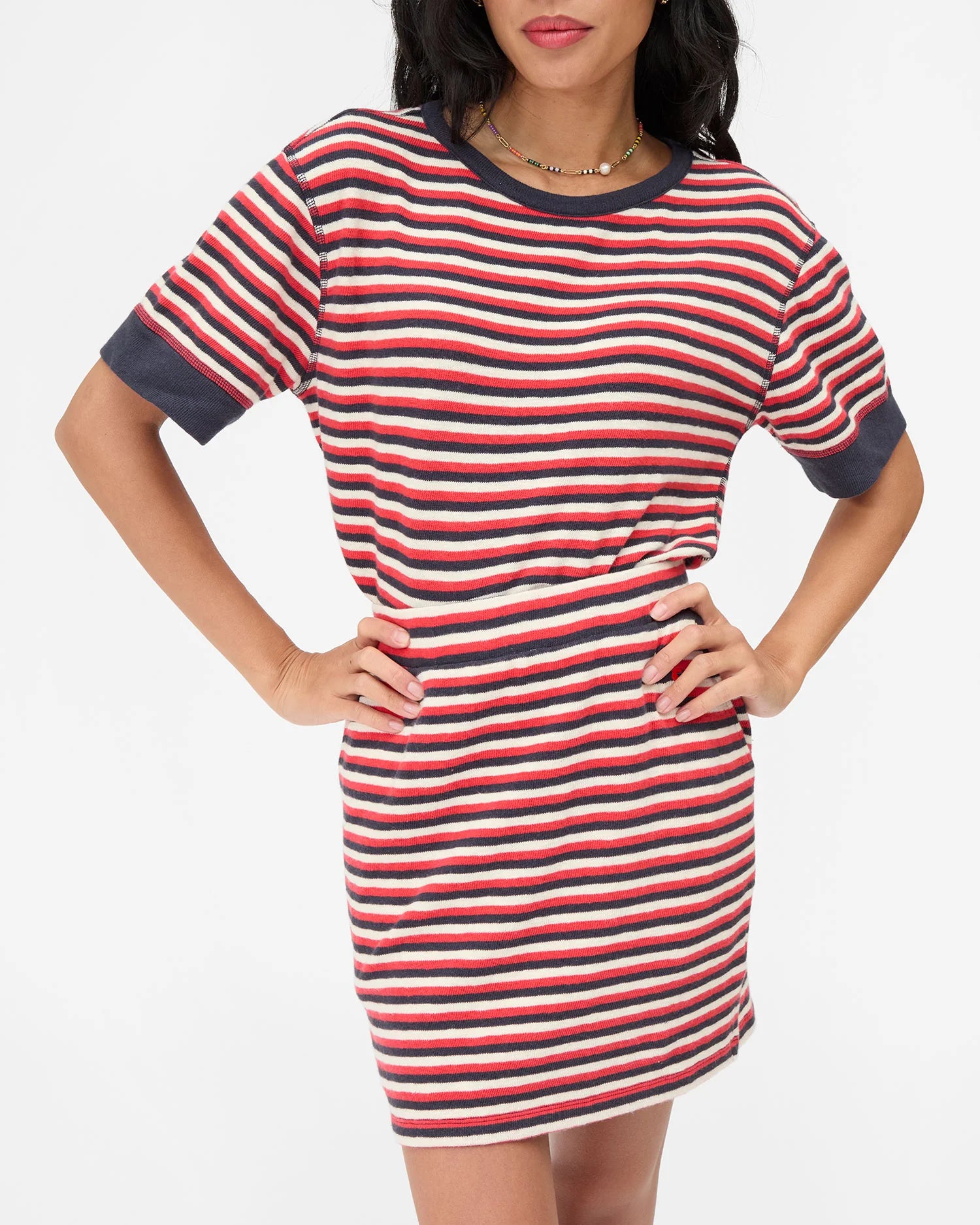 Le Mini Tube Skirt - Stripe - Navy/Cherry Red/Cream-Clare V.-Happy on Main