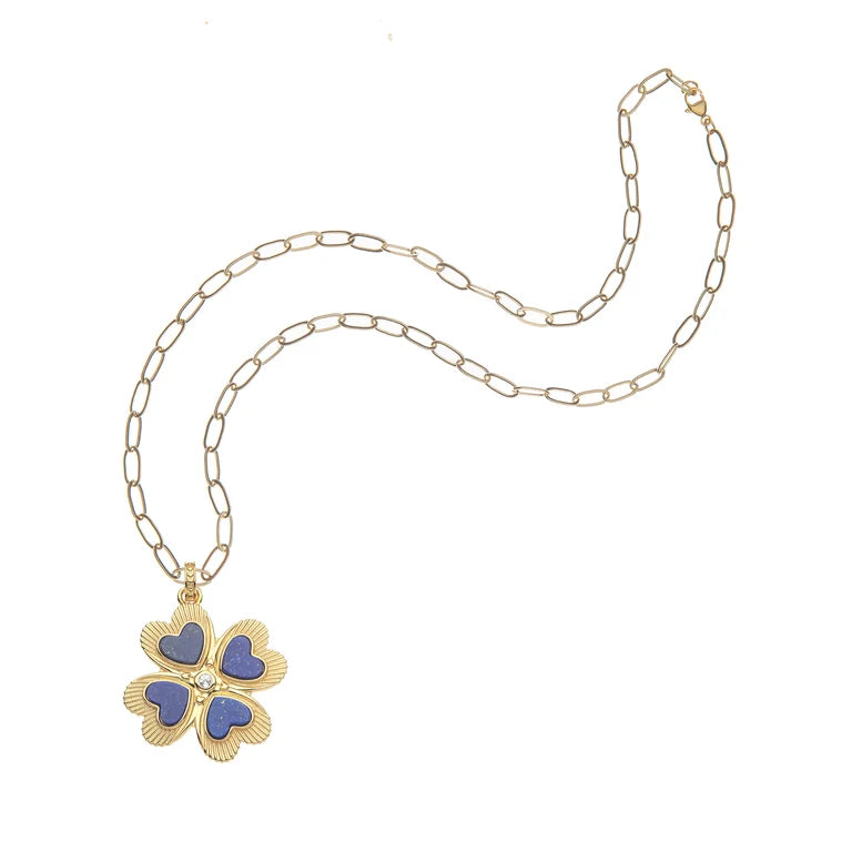 LUCKY in Love Clover Pendant with Lapis - 18" Drawn Link Chain-Jane Win-Happy on Main