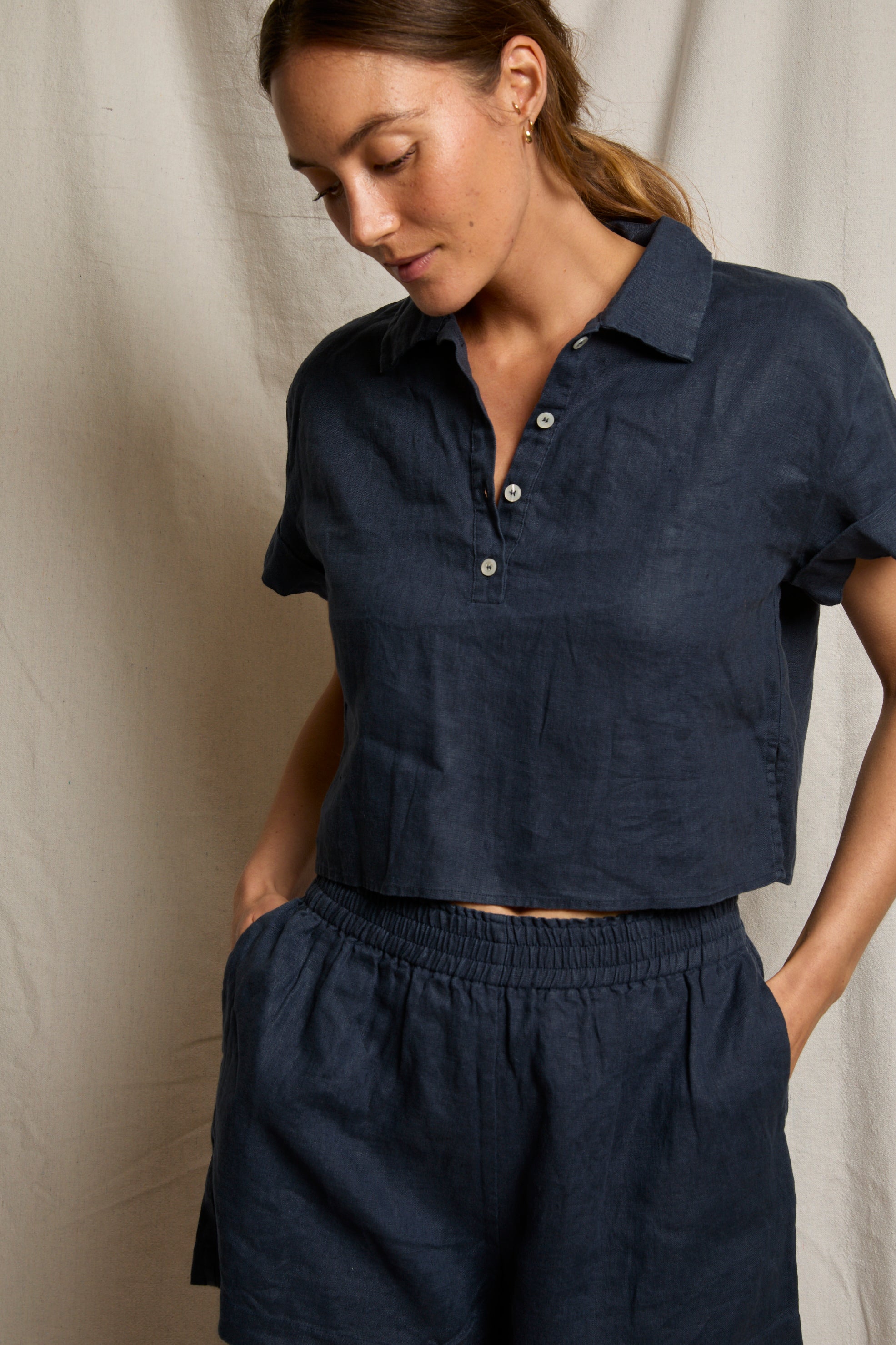 Tabitha Linen 1/4 Button Down Collared Tee - Navy-perfectwhitetee-Happy on Main