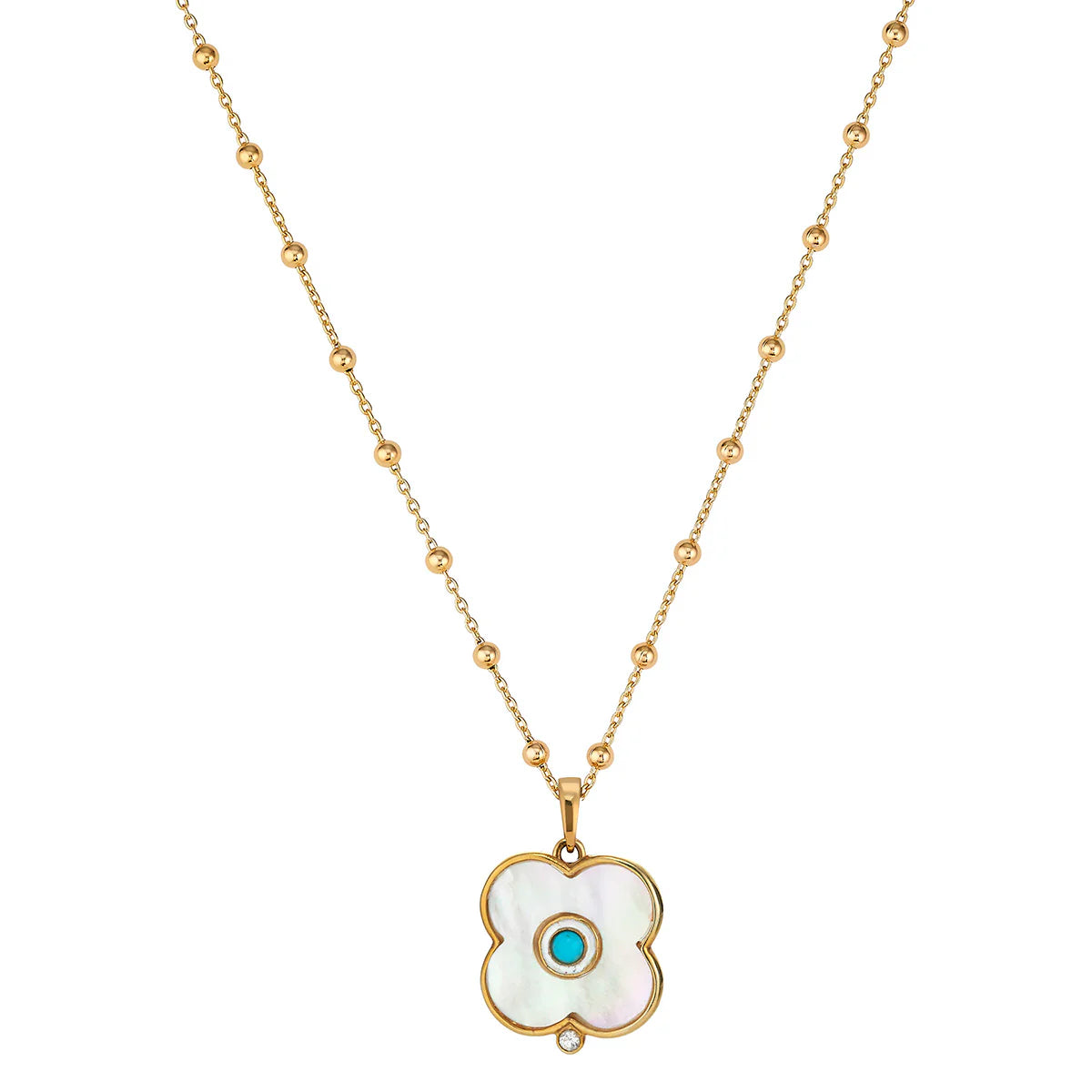 Gold chain necklace with dipped mother of pearl and turquoise Evil Eye charm.
